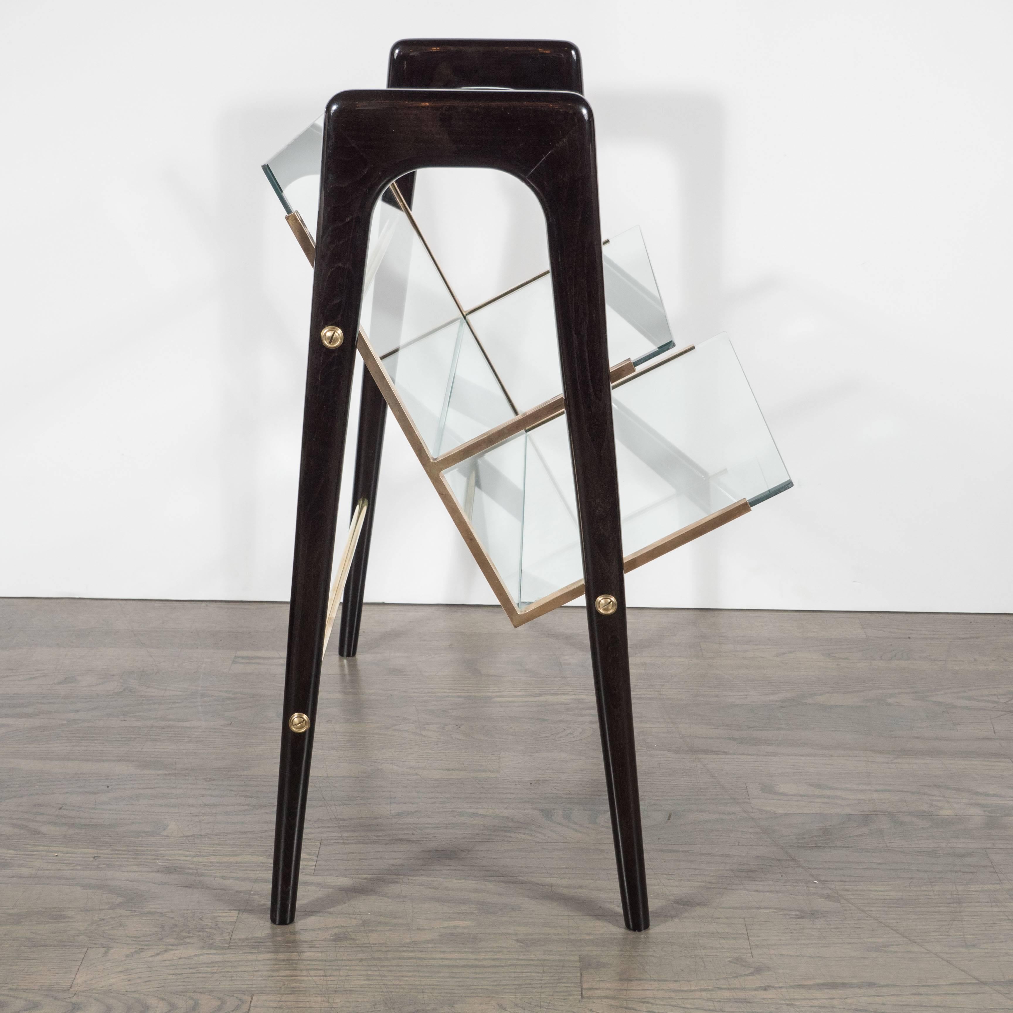 Magazine Stand in Ebonized Walnut, Brass and Glass, in the Manner of Ico Parisi 2