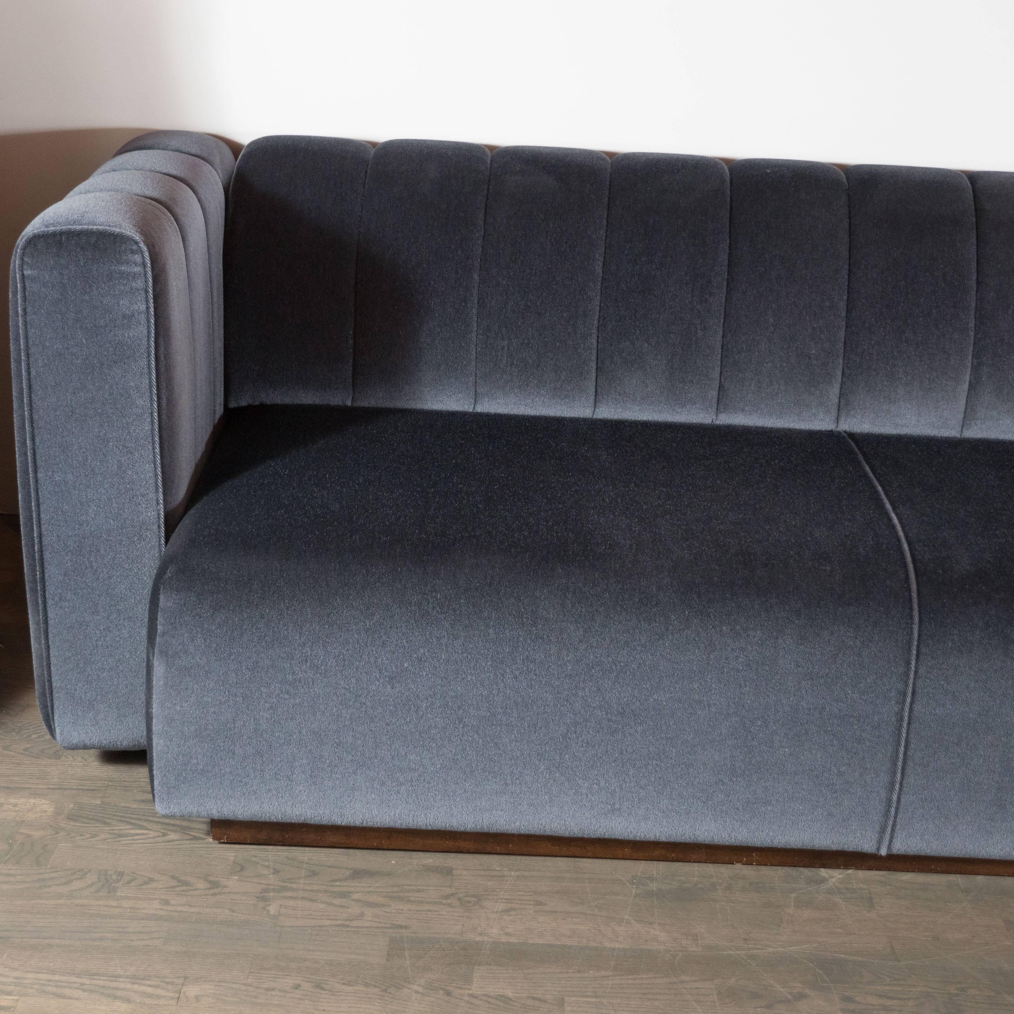 Mid-Century Modernist Channel Back Sofa by Pace in Gunmetal Mohair In Excellent Condition In New York, NY