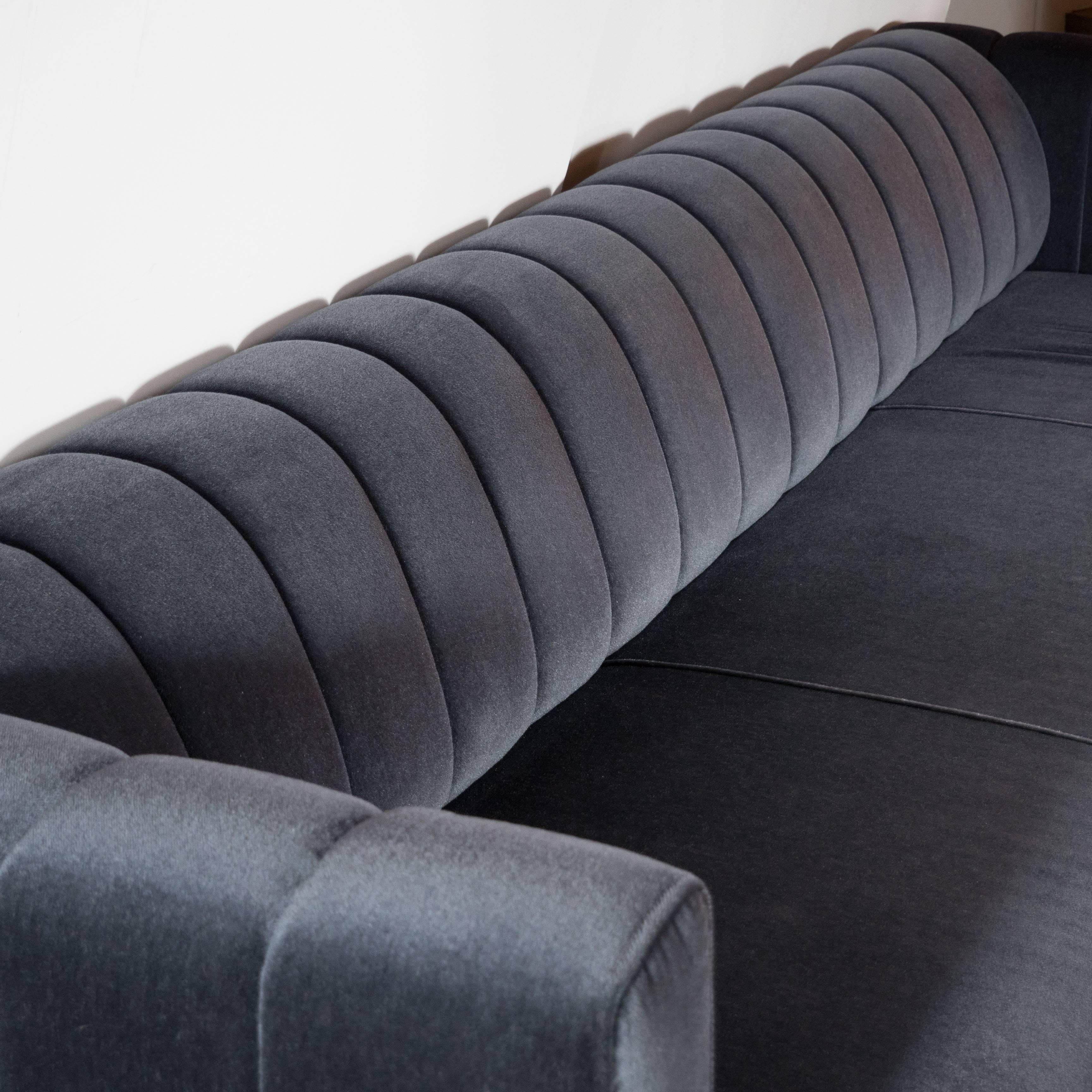 American Mid-Century Modernist Channel Back Sofa by Pace in Gunmetal Mohair