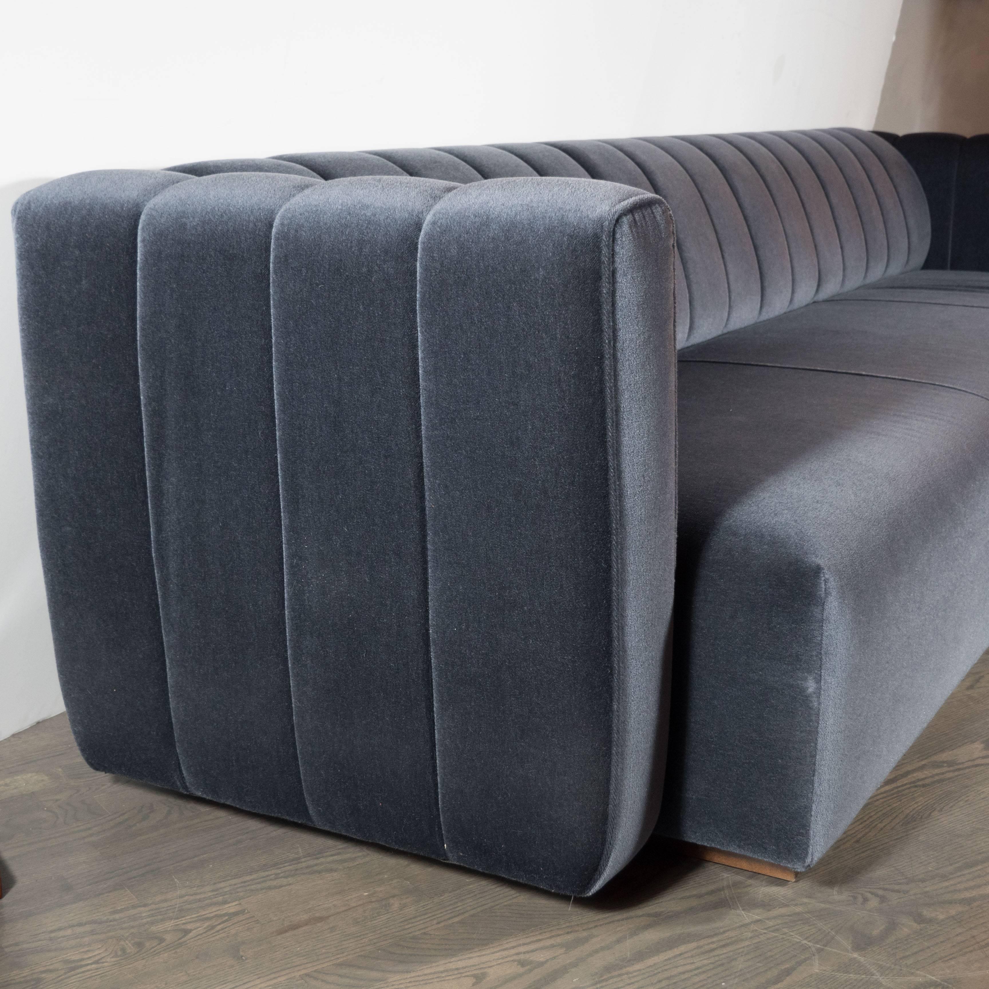 Mid-Century Modernist Channel Back Sofa by Pace in Gunmetal Mohair 1