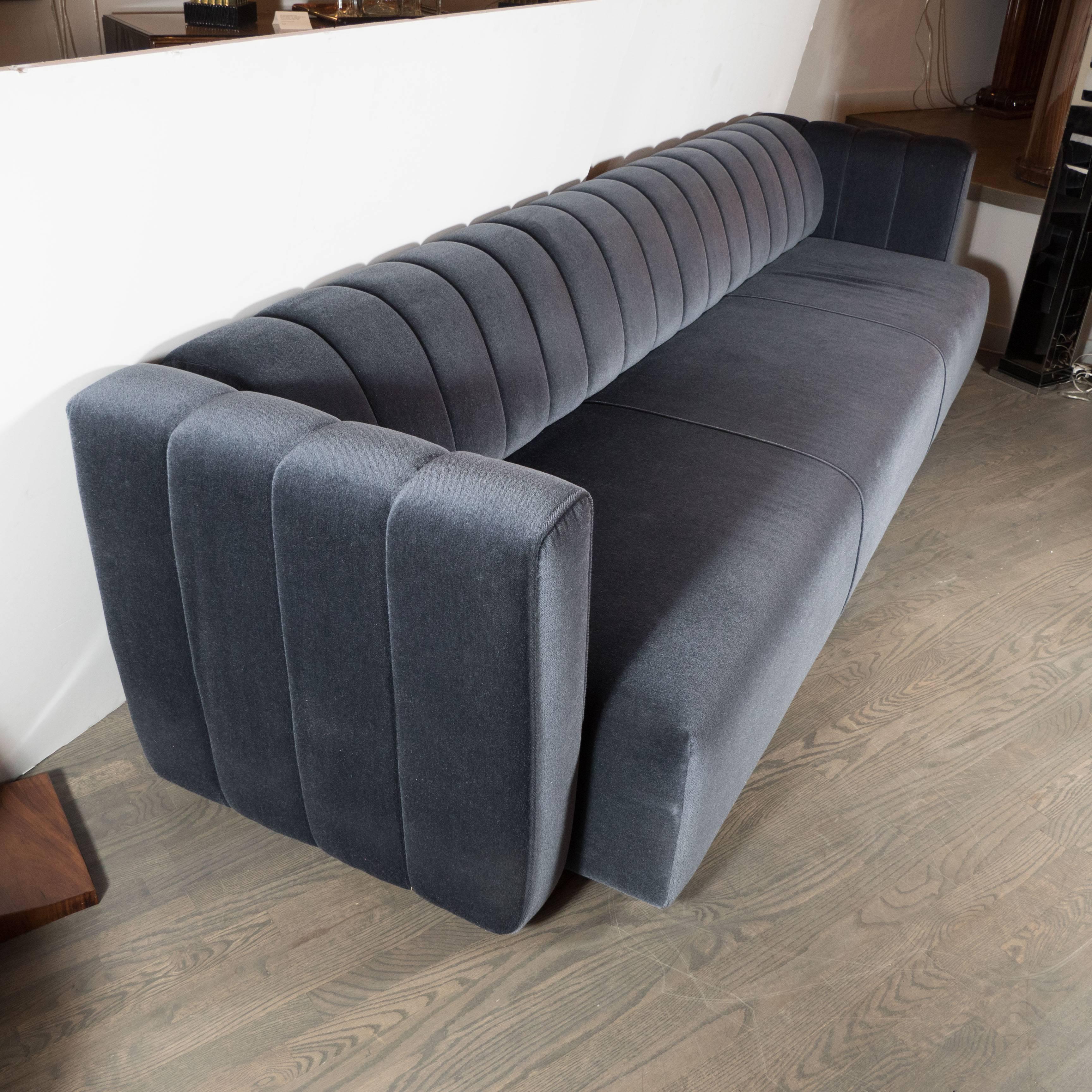 Mid-Century Modernist Channel Back Sofa by Pace in Gunmetal Mohair 2