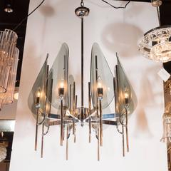 Eight-Arm Smoked Glass and Chrome Chandelier in the Manner of Fontana Arte