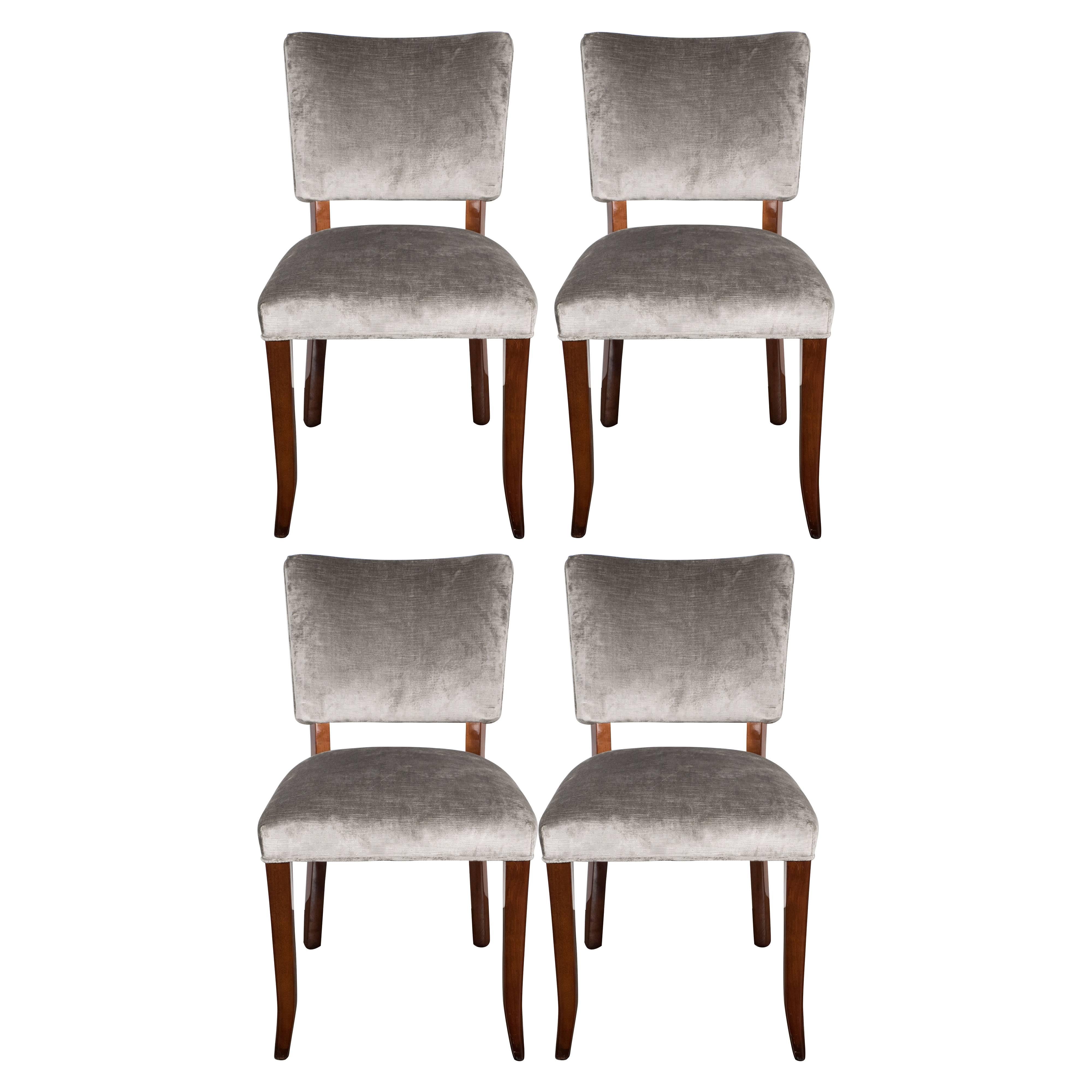Exceptional Set of Four Art Deco Dining Chairs in Smoked Platinum Velvet