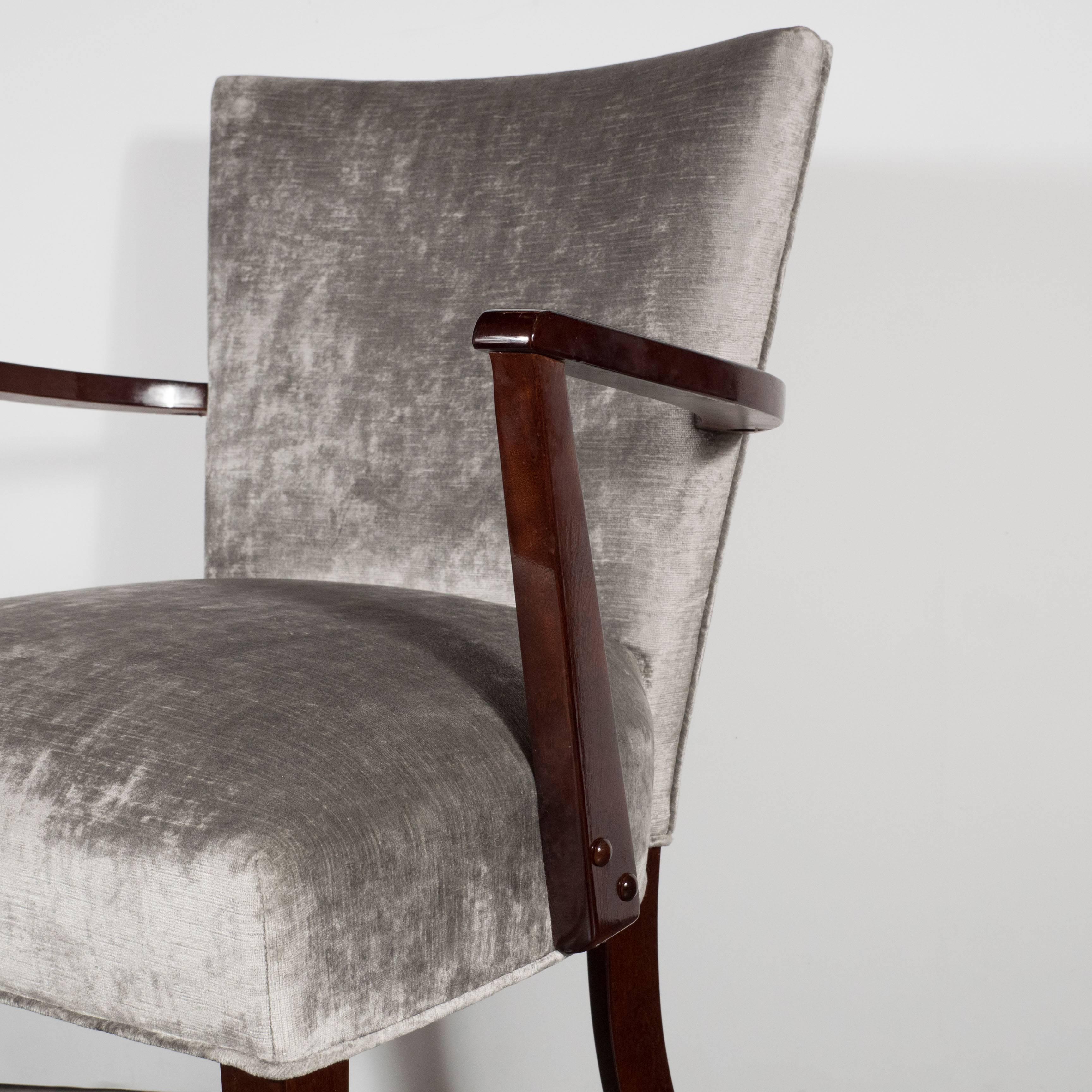 Mid-20th Century Art Deco Pair of Armchairs in Platinum Velvet with Mahogany Arms/Tapered Feet