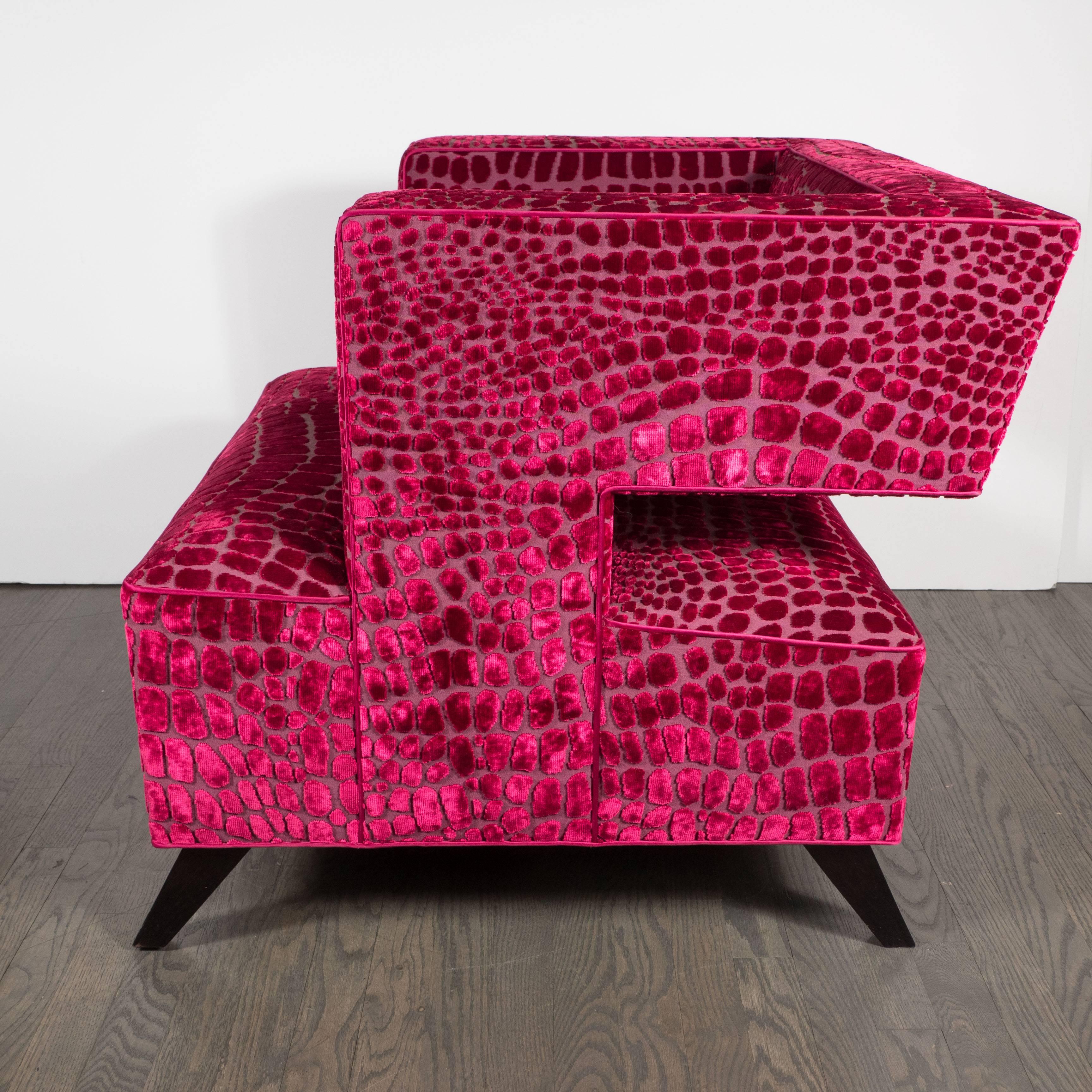 American Pair of Mid-Century Modernist Club Chairs are Fuchsia Croc Gauffraged Velvet