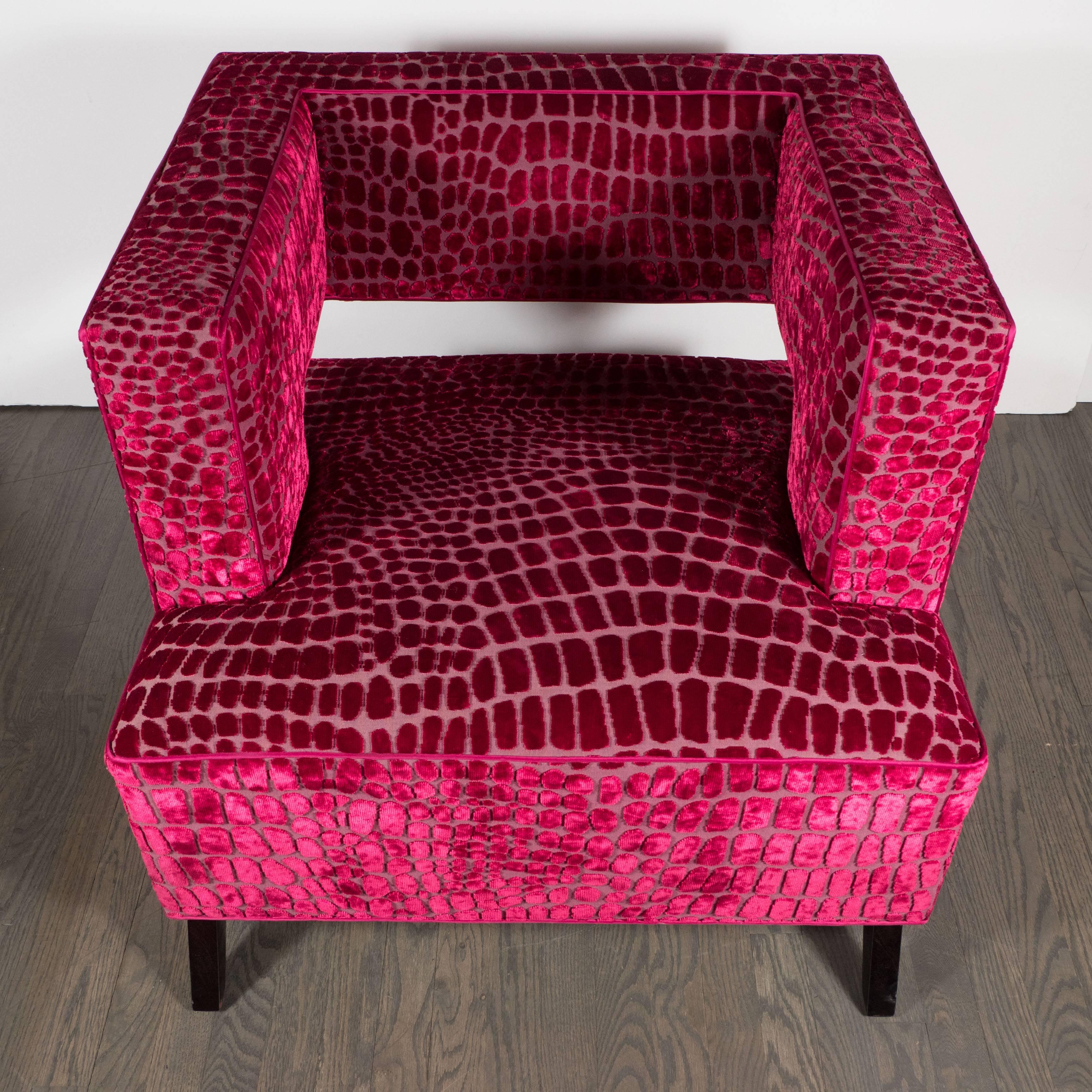 Late 20th Century Pair of Mid-Century Modernist Club Chairs are Fuchsia Croc Gauffraged Velvet