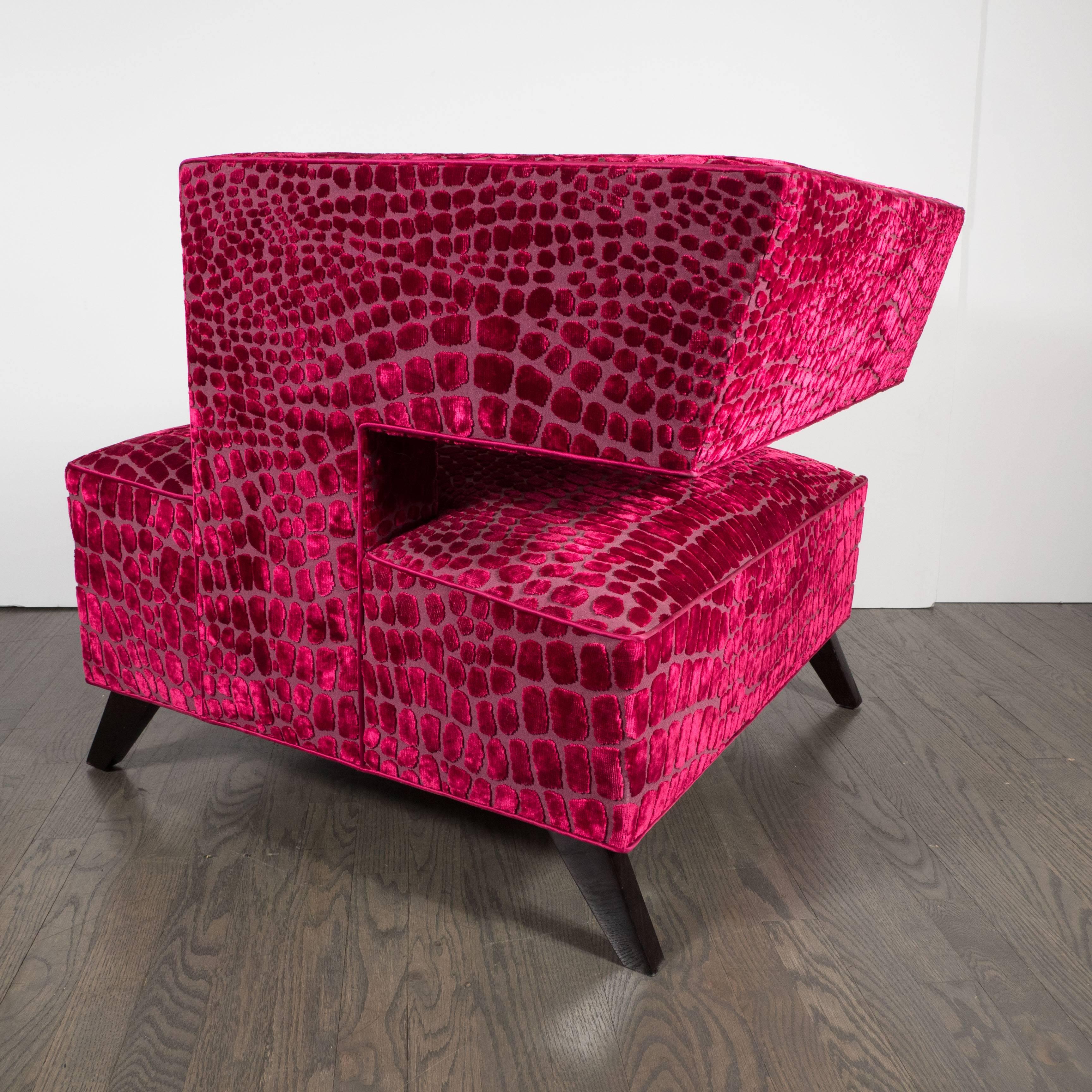 Pair of Mid-Century Modernist Club Chairs are Fuchsia Croc Gauffraged Velvet In Excellent Condition In New York, NY