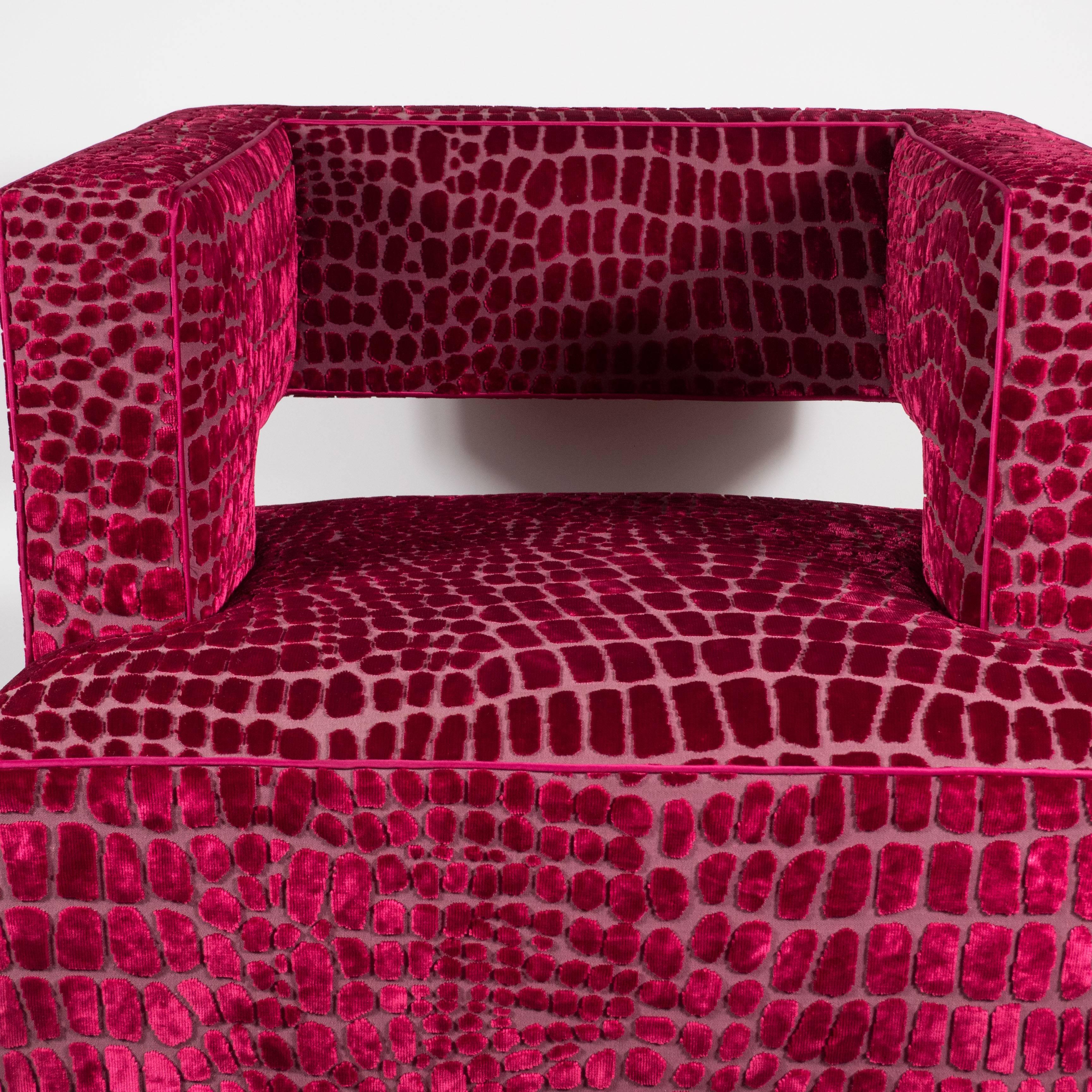 Pair of Mid-Century Modernist Club Chairs are Fuchsia Croc Gauffraged Velvet 1