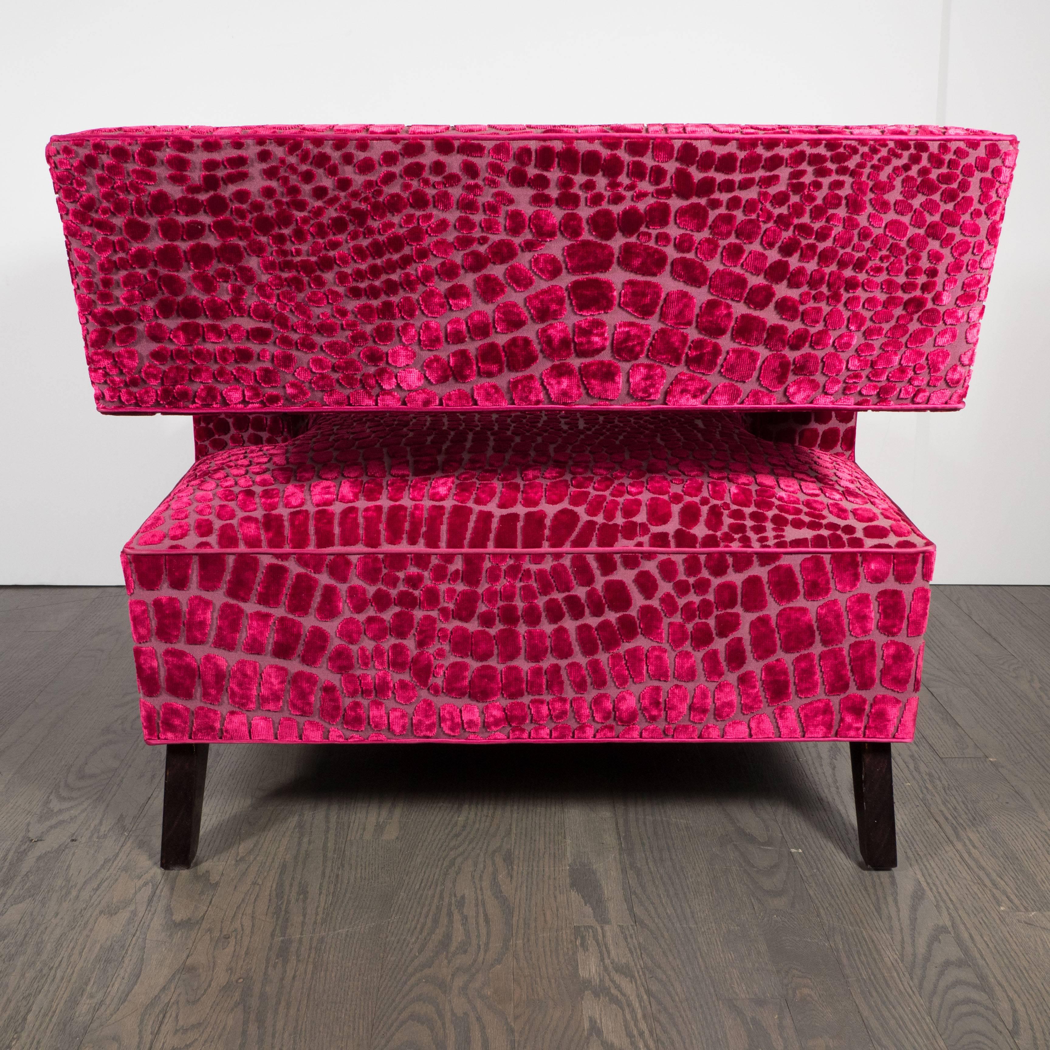 Pair of Mid-Century Modernist Club Chairs are Fuchsia Croc Gauffraged Velvet 4