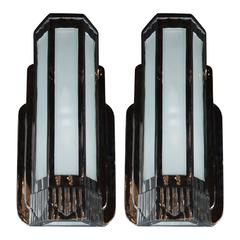 Pair of Art Deco Machine Age Sconces in Nickeled Bronze and Frosted Glass Panel
