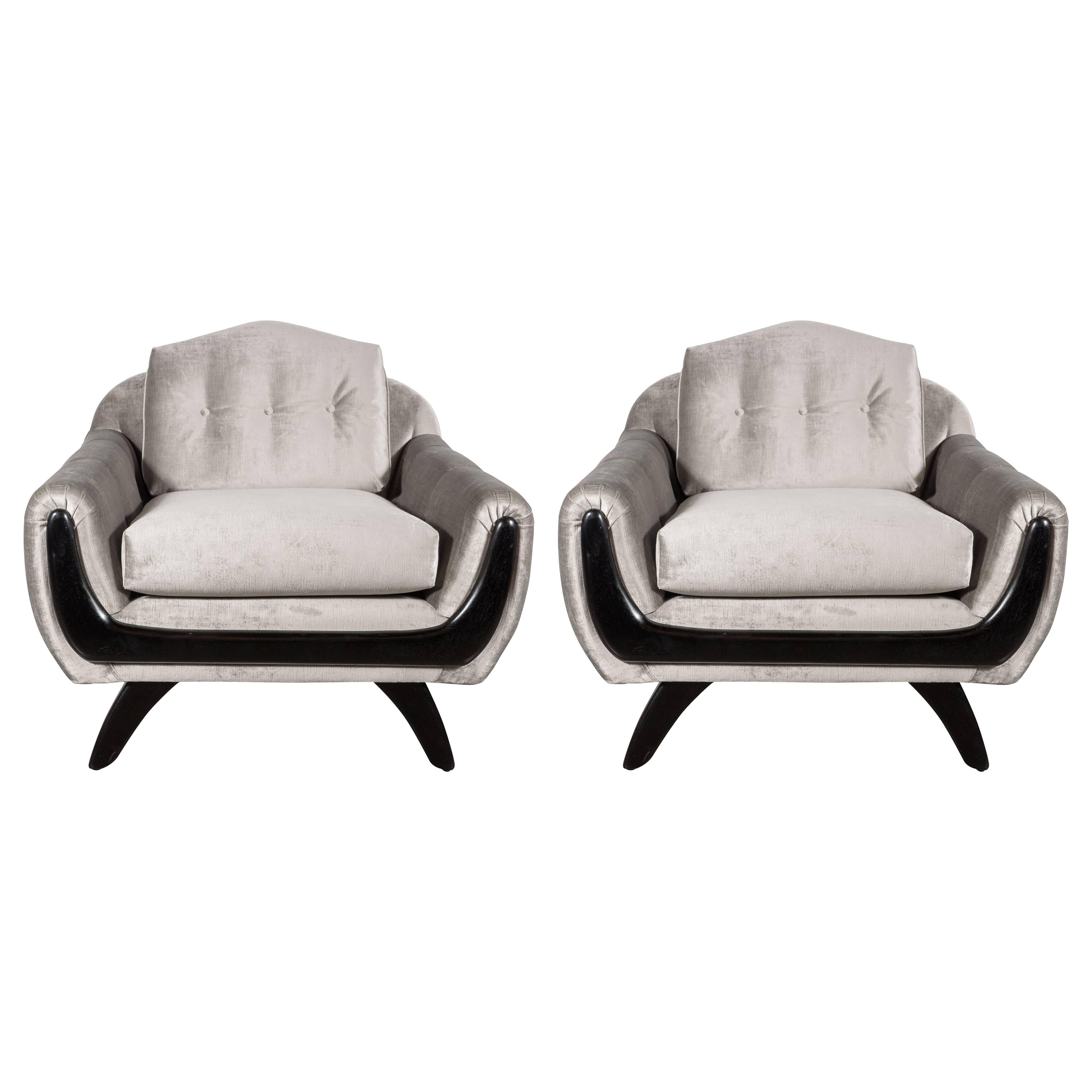 Pair of Mid-Century Modernist Armchairs in Platinum Velvet & Hand Rubbed Walnut