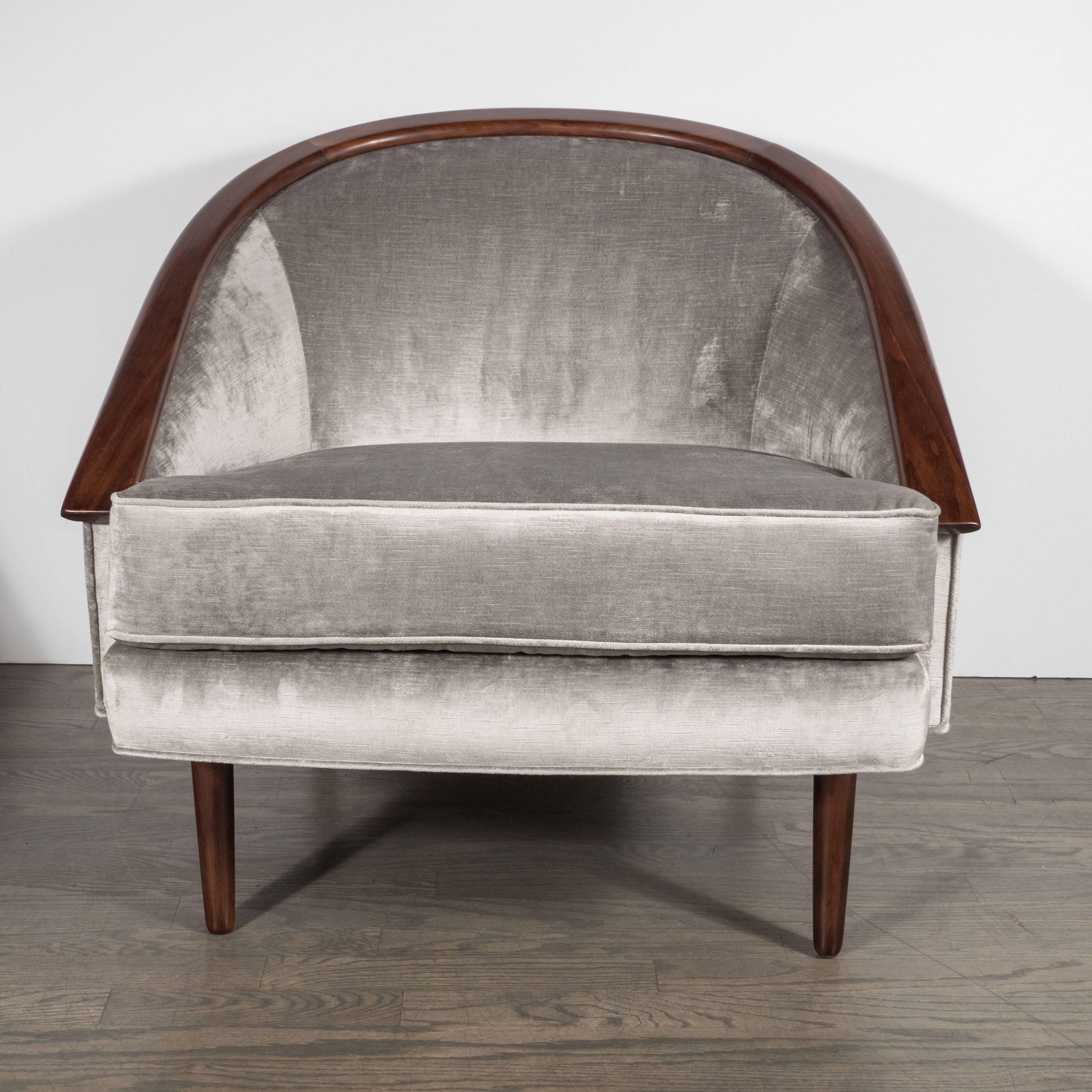 Mid-Century Modern Barrel-Back Club Chair with Walnut Trim and Smoked Platinum Velvet
