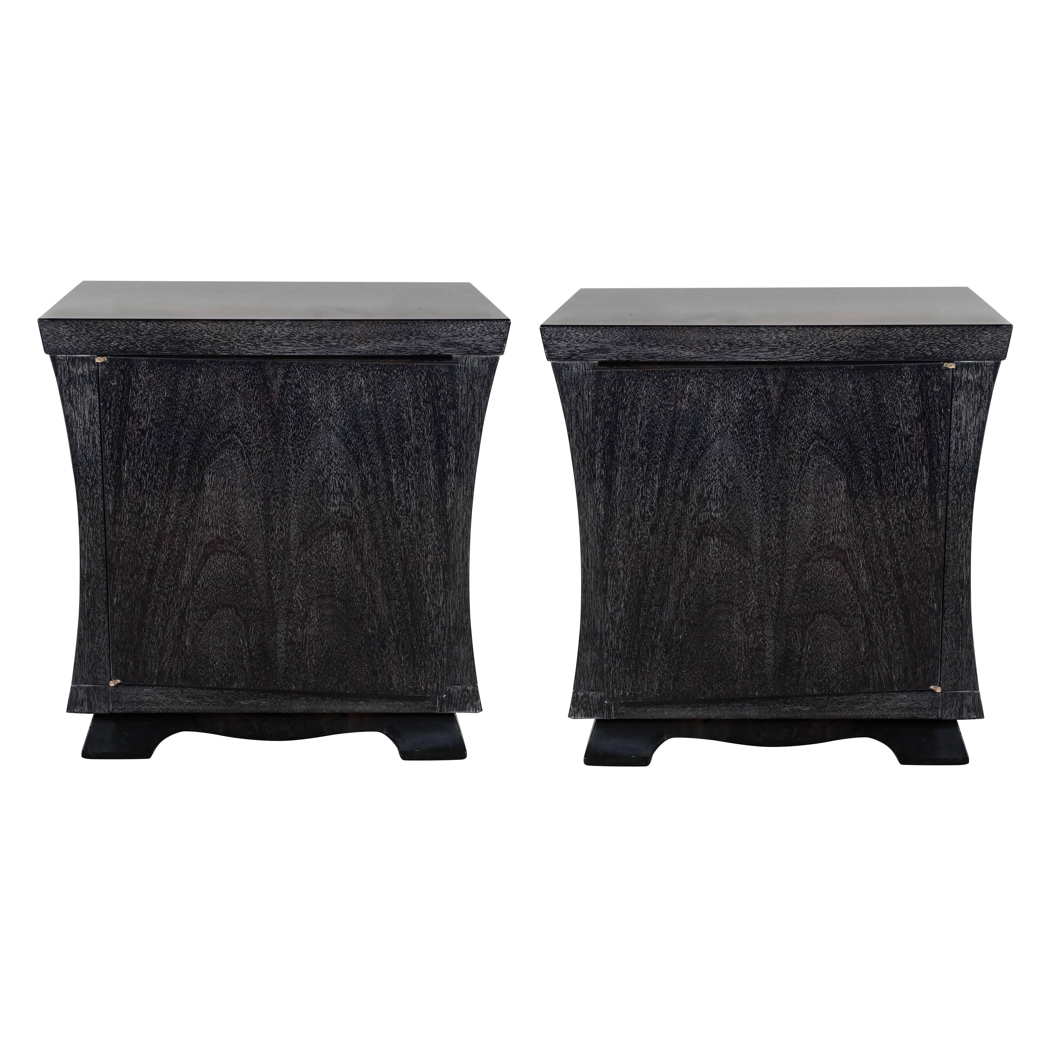 Pair of Mid-Century Bowed-Design Nightstands or End Tables in Silver-Cerused Oak
