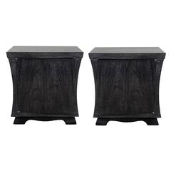 Pair of Mid-Century Bowed-Design Nightstands or End Tables in Silver-Cerused Oak