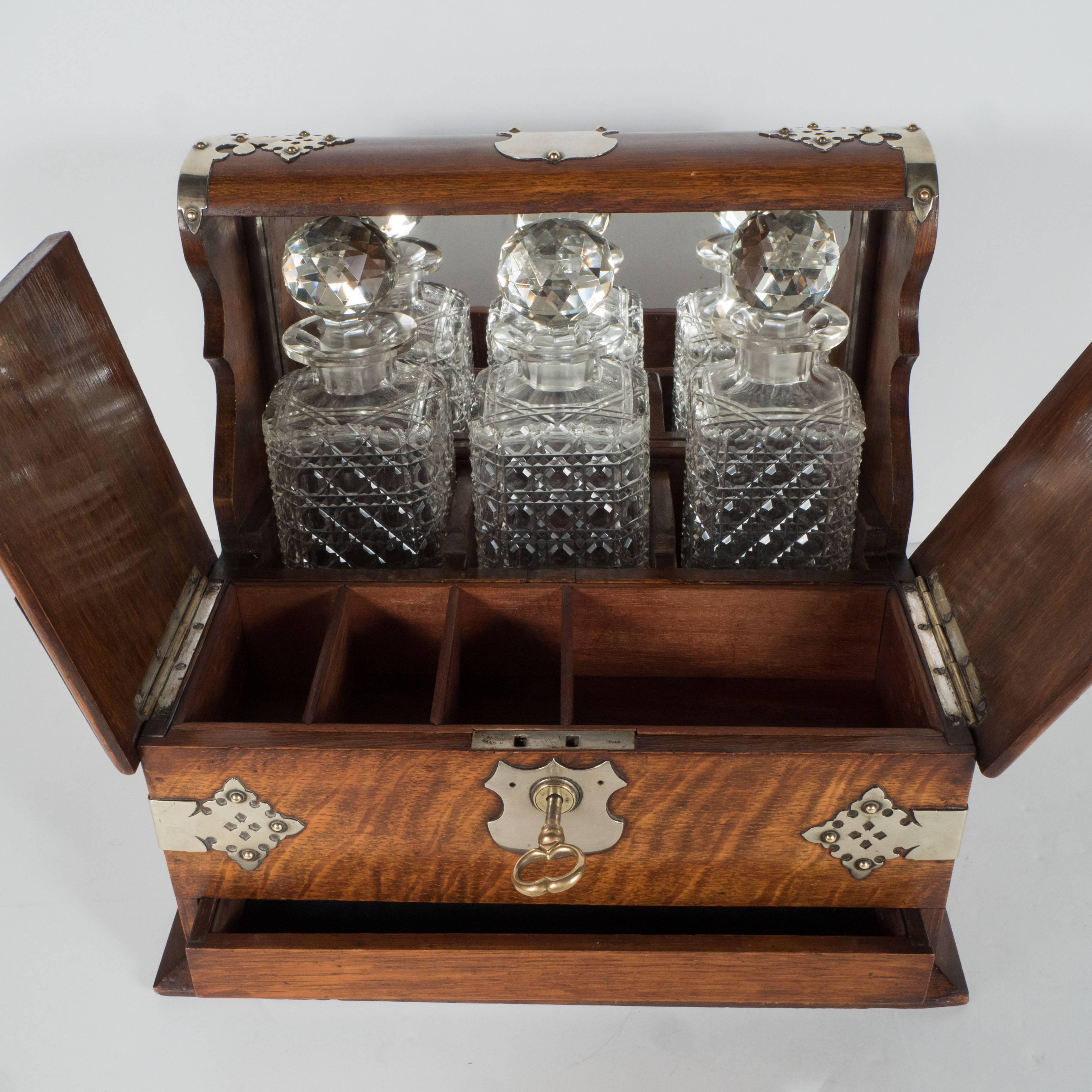 English Victorian Silver Plate Mounted Golden Oak and Cut-Glass Tantalus/Decanter Box