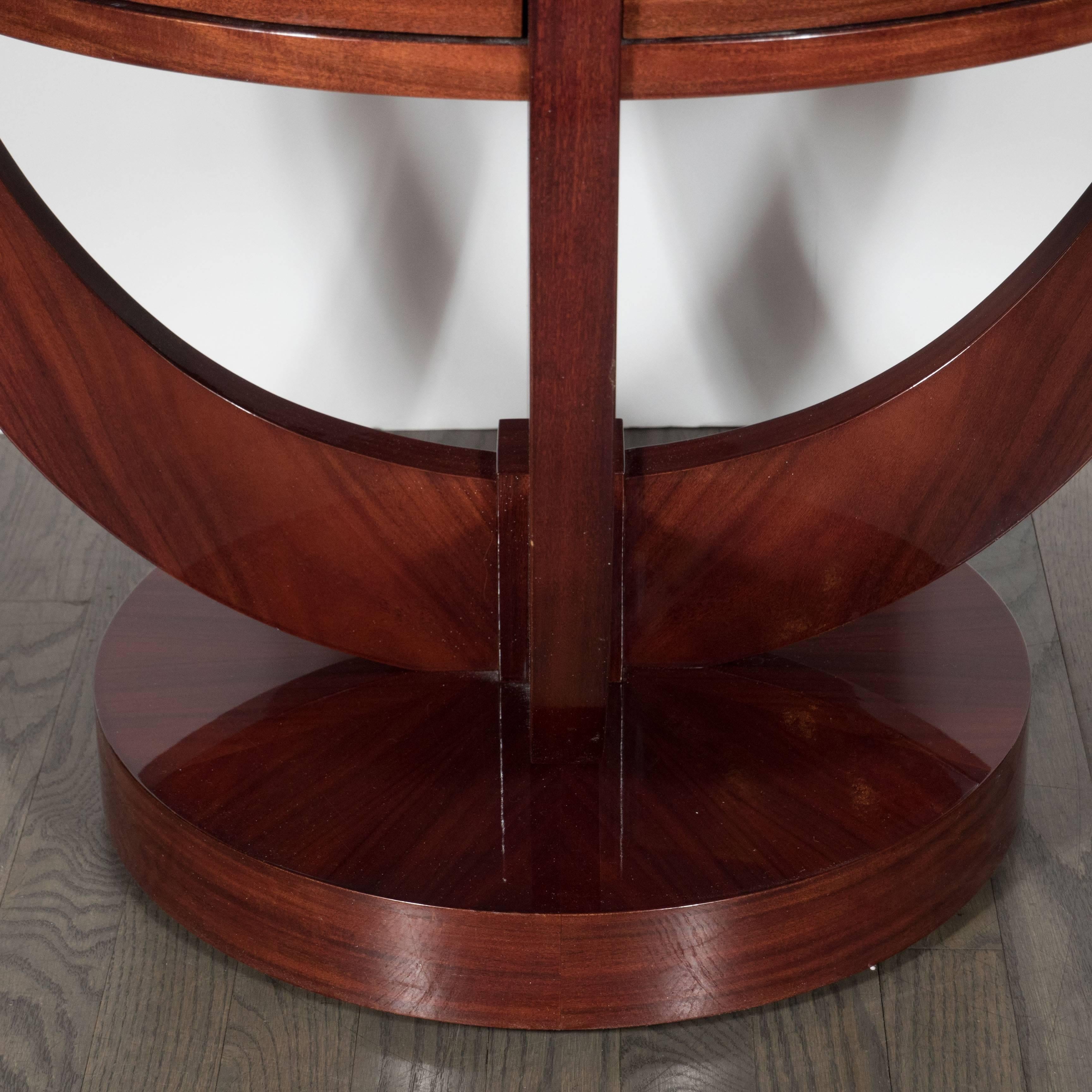 Mid-20th Century Art Deco Guerin Compass-Style Table in Book-Matched Mahogany and Chrome Pulls