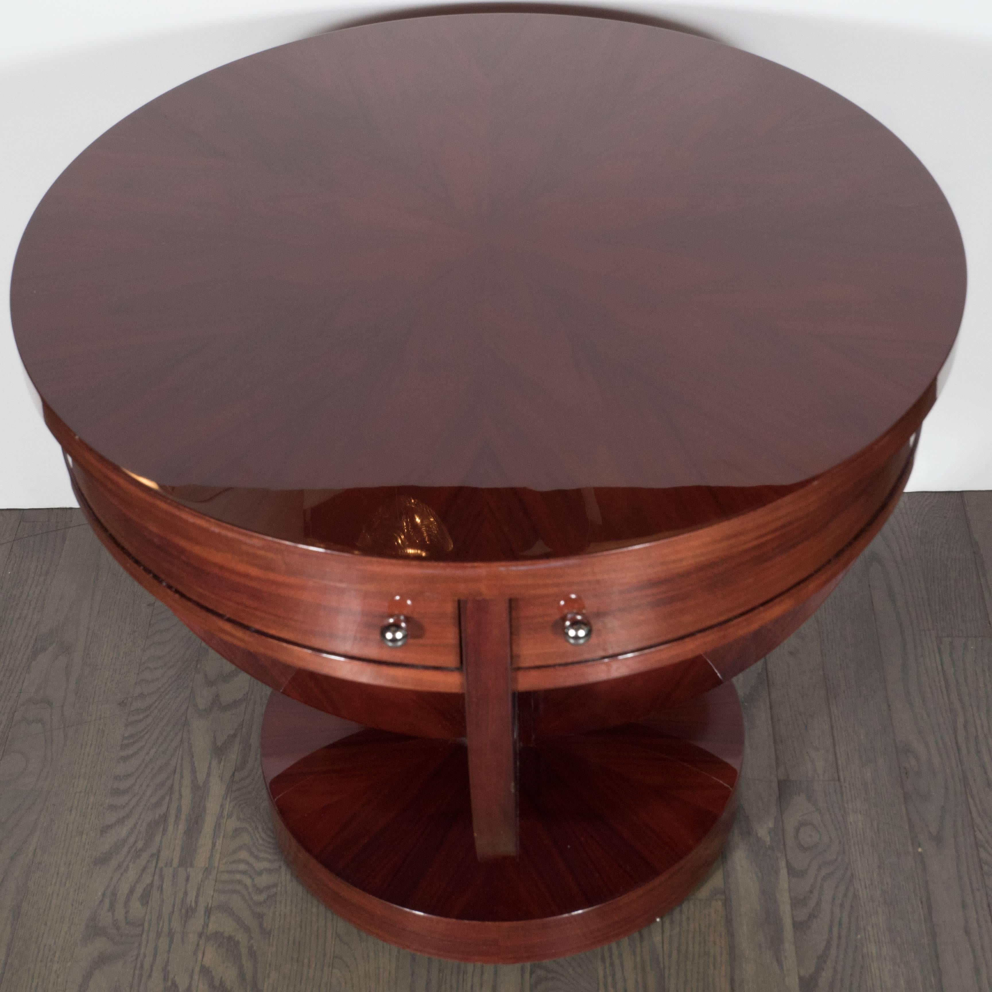 French Art Deco Guerin Compass-Style Table in Book-Matched Mahogany and Chrome Pulls