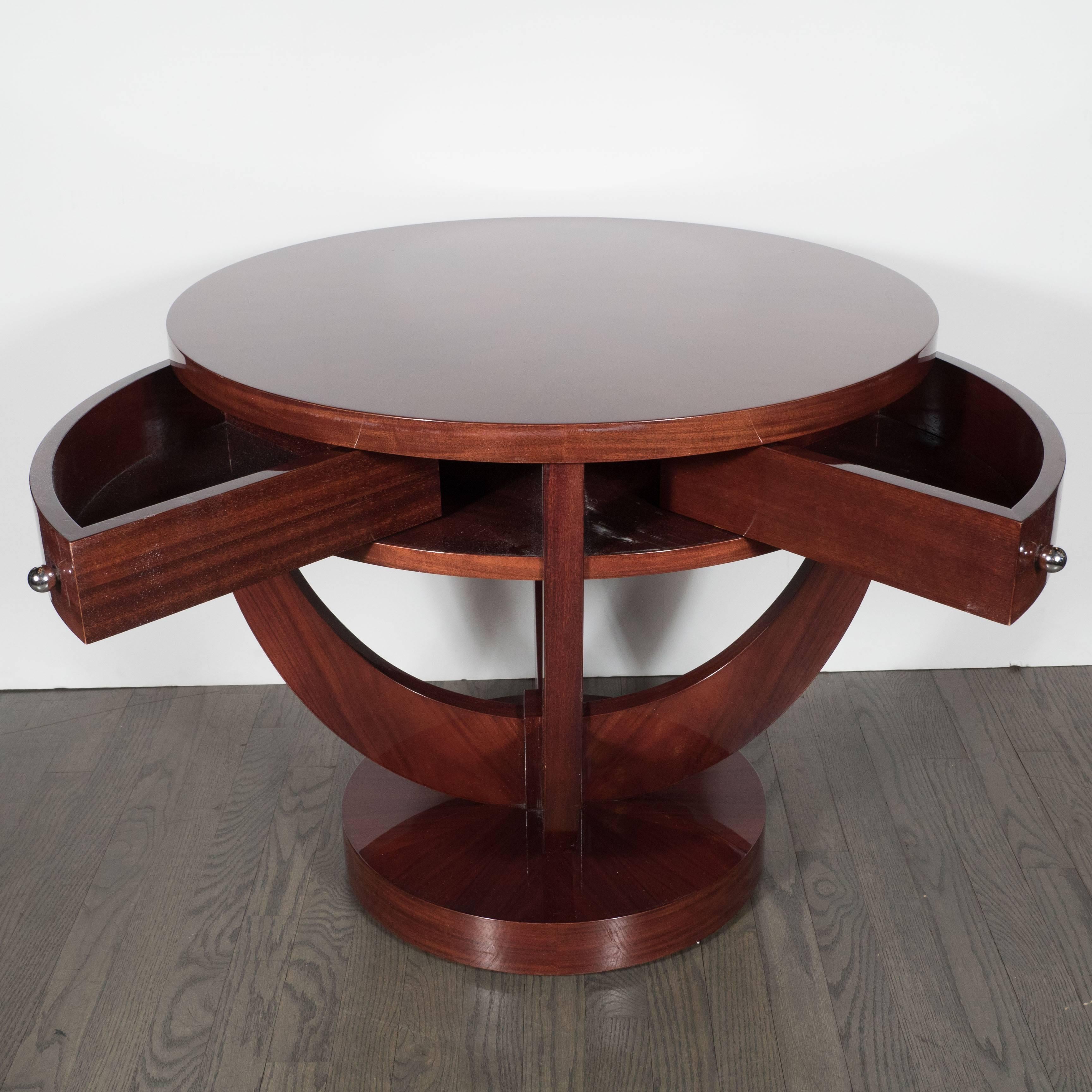 Art Deco Guerin Compass-Style Table in Book-Matched Mahogany and Chrome Pulls In Excellent Condition In New York, NY