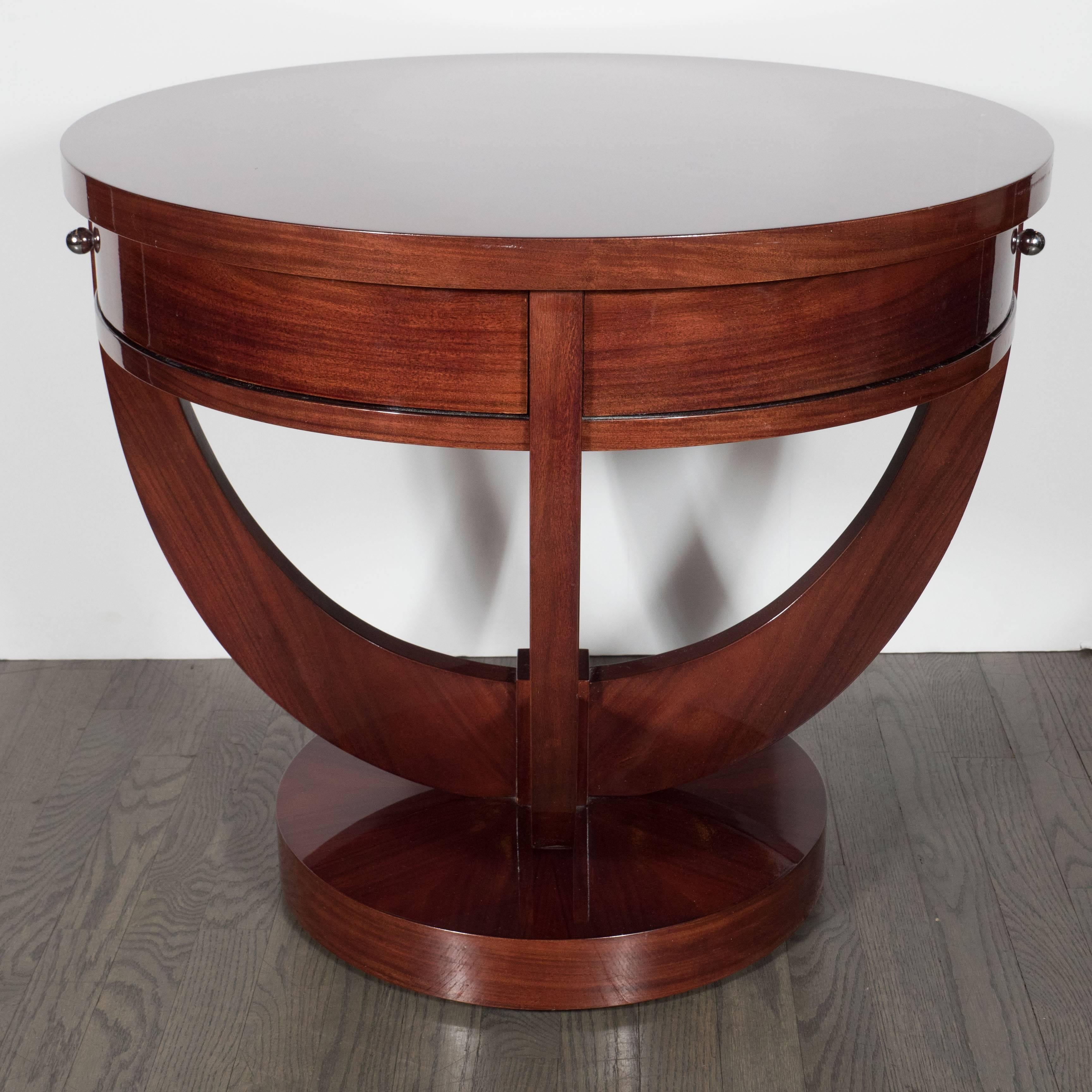 Art Deco Guerin Compass-Style Table in Book-Matched Mahogany and Chrome Pulls 4