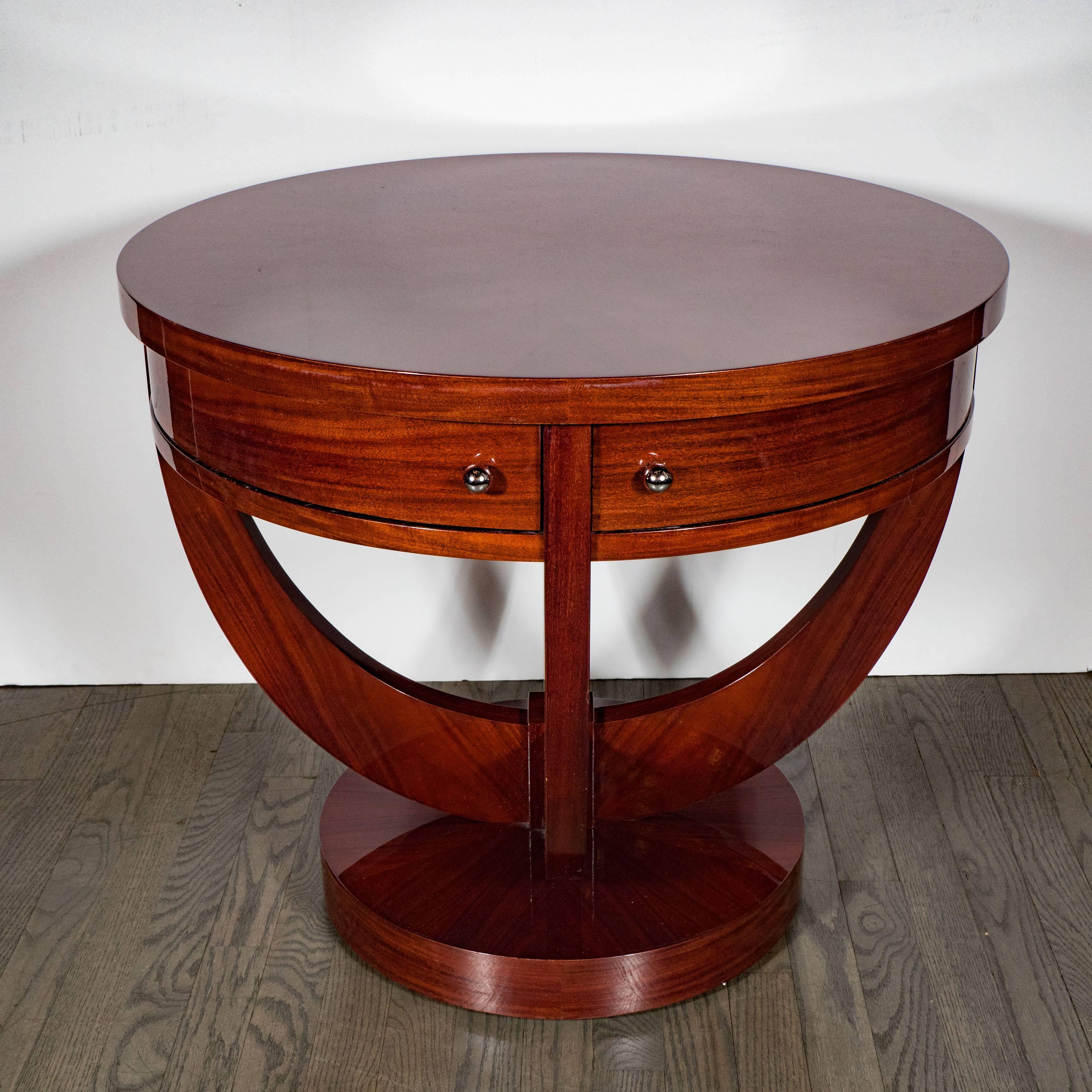 Art Deco Guerin Compass-Style Table in Book-Matched Mahogany and Chrome Pulls 5