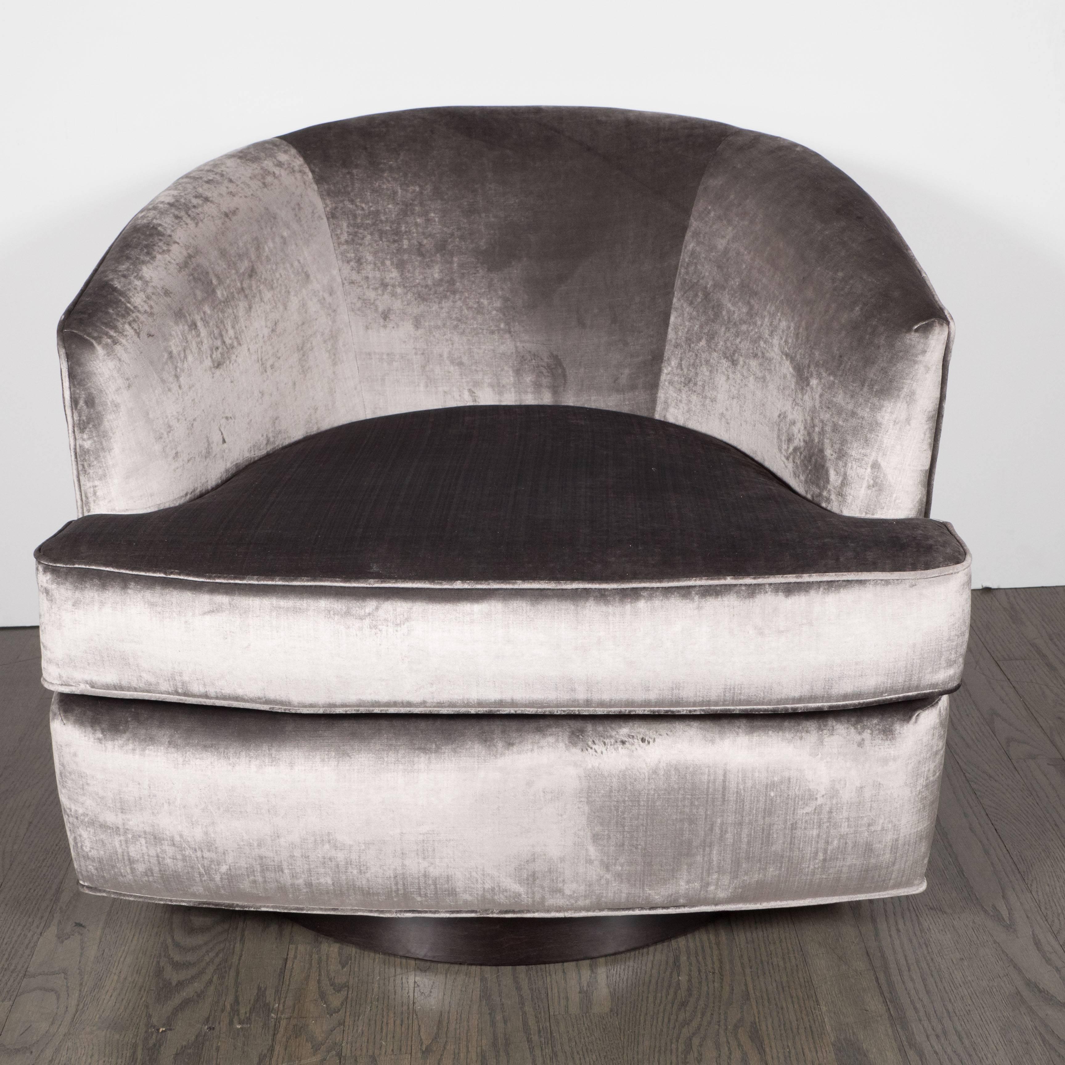 American Milo Baughman Swivel Chair in Platinum Grey Velvet with Ebonized Walnut Base