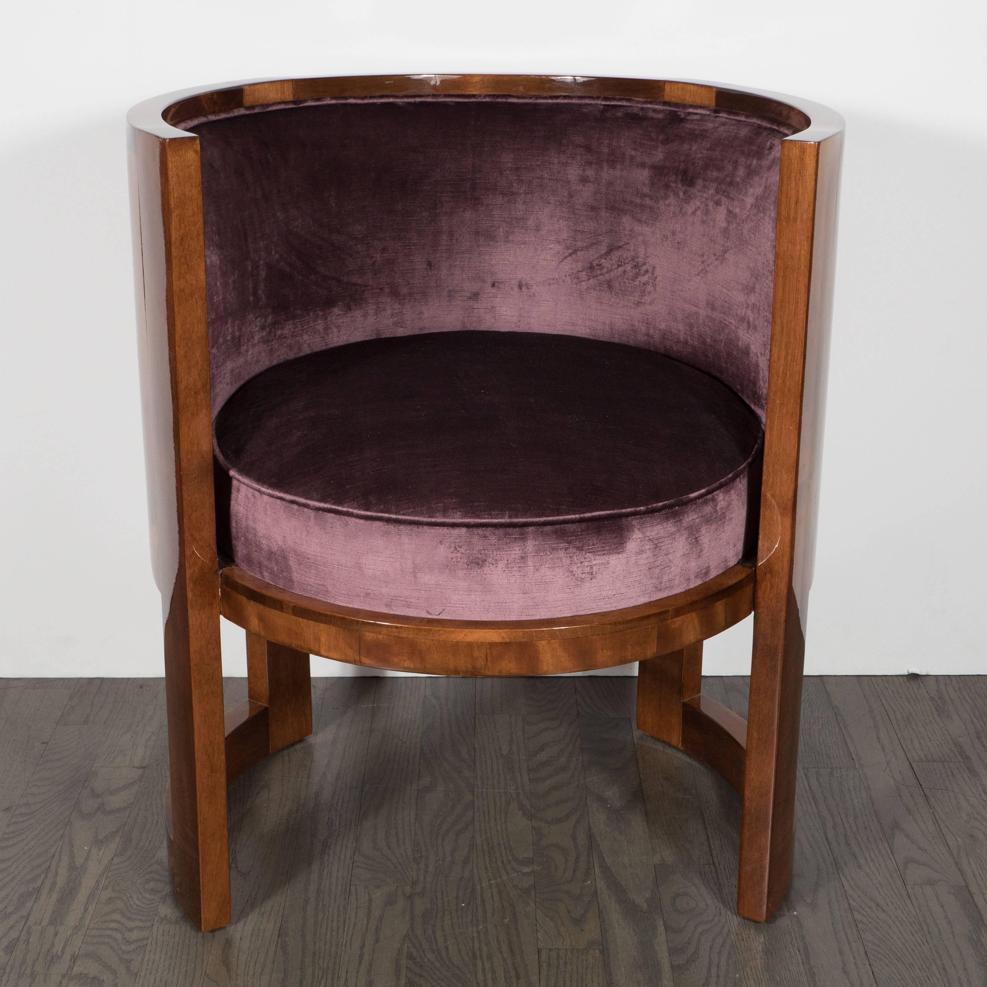 French Fine Pair of Art Deco Curved-Back Salon Chairs in Smoked Amethyst Velvet