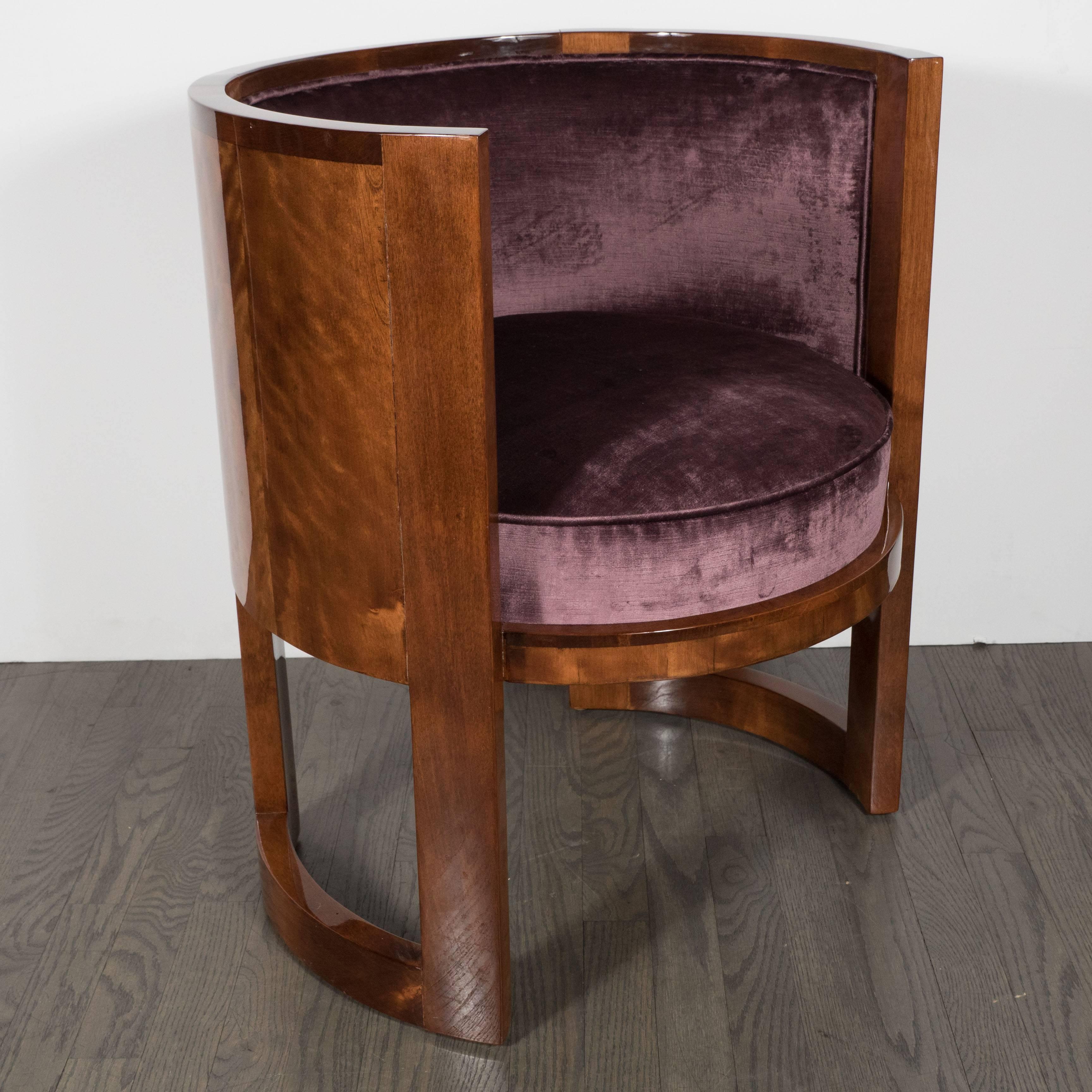Fine Pair of Art Deco Curved-Back Salon Chairs in Smoked Amethyst Velvet 1