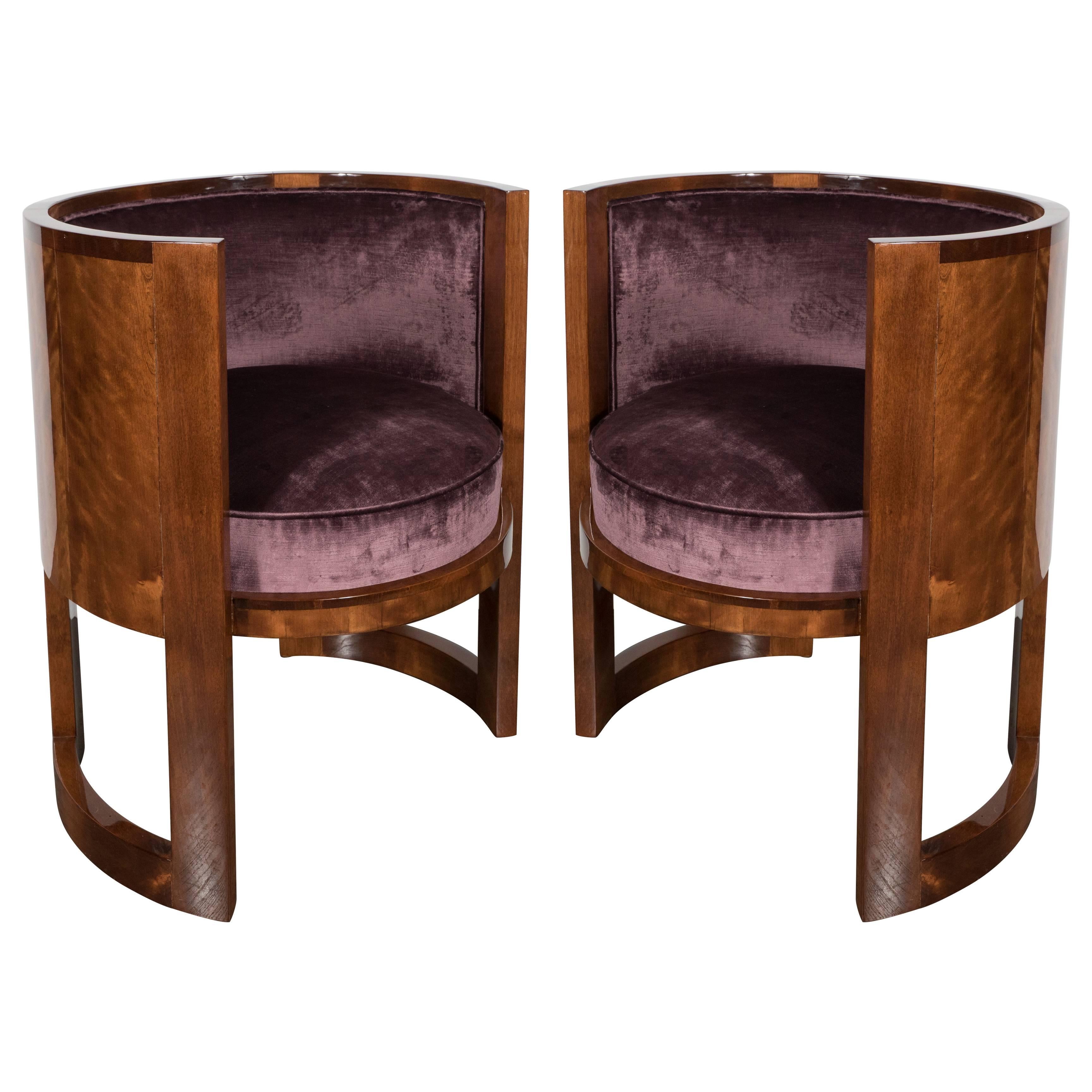 Fine Pair of Art Deco Curved-Back Salon Chairs in Smoked Amethyst Velvet
