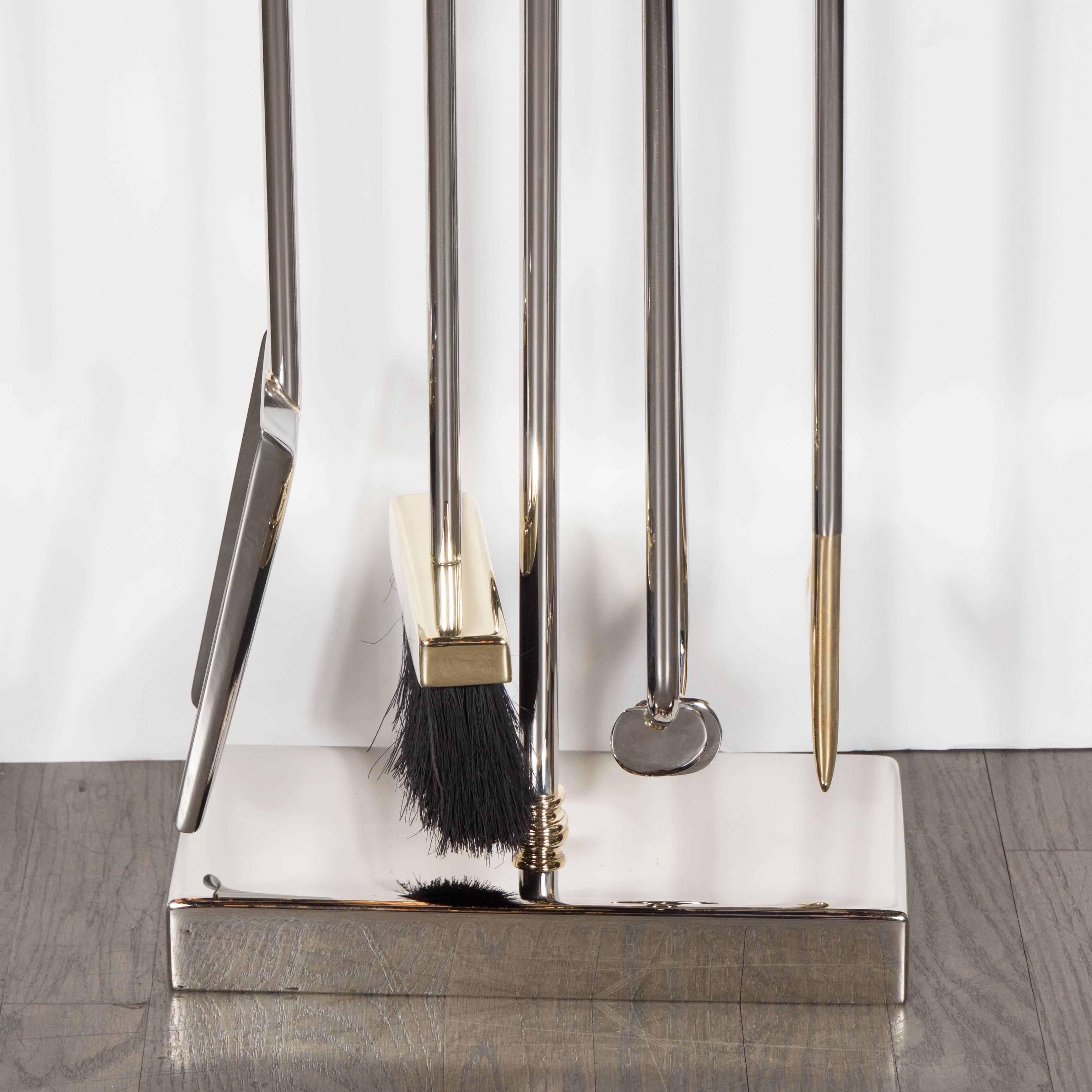 Contemporary Modernist Four-Piece Polished Nickel Fire Tool Set with Polished Brass Handles For Sale