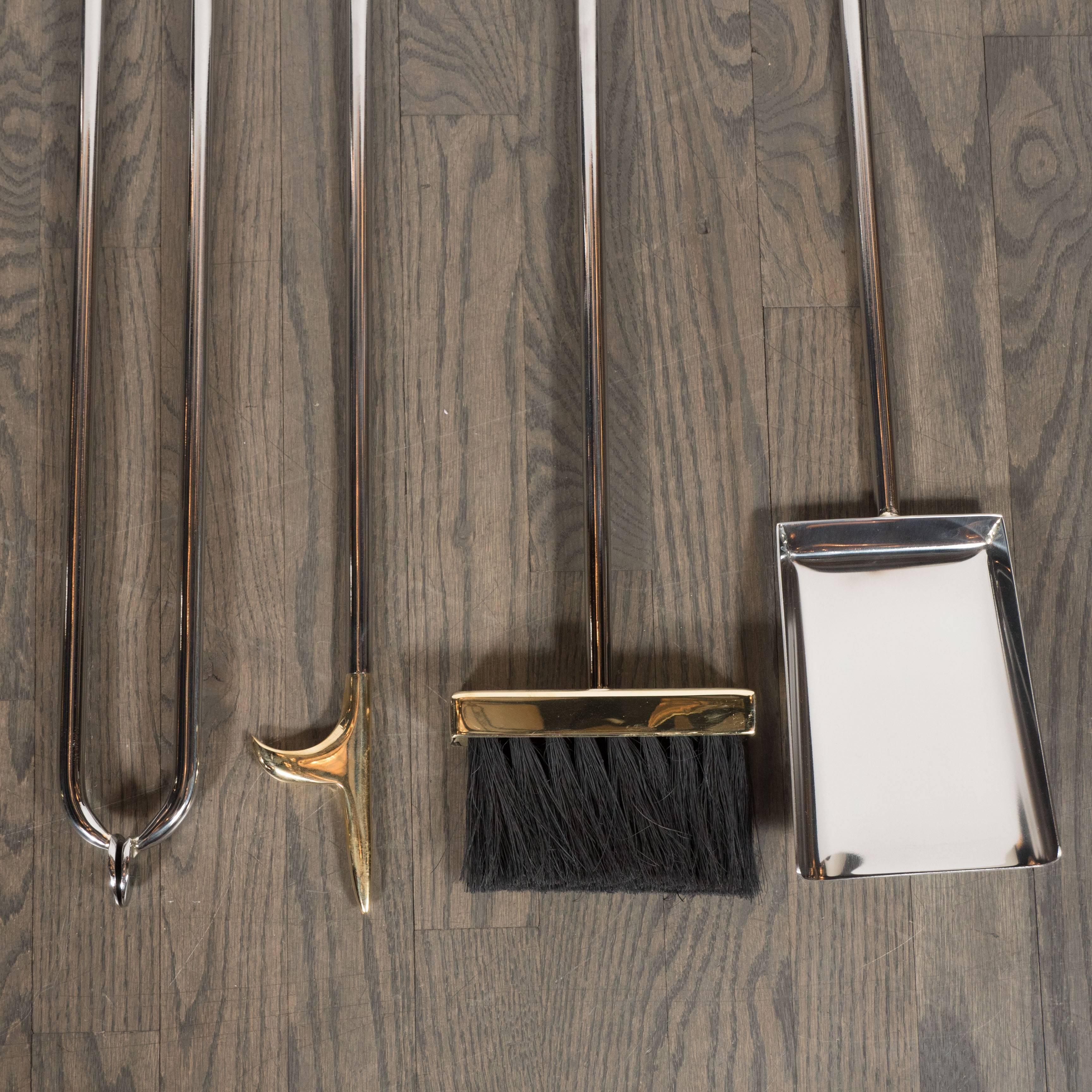 Modernist Four-Piece Polished Nickel Fire Tool Set with Polished Brass Handles For Sale 4