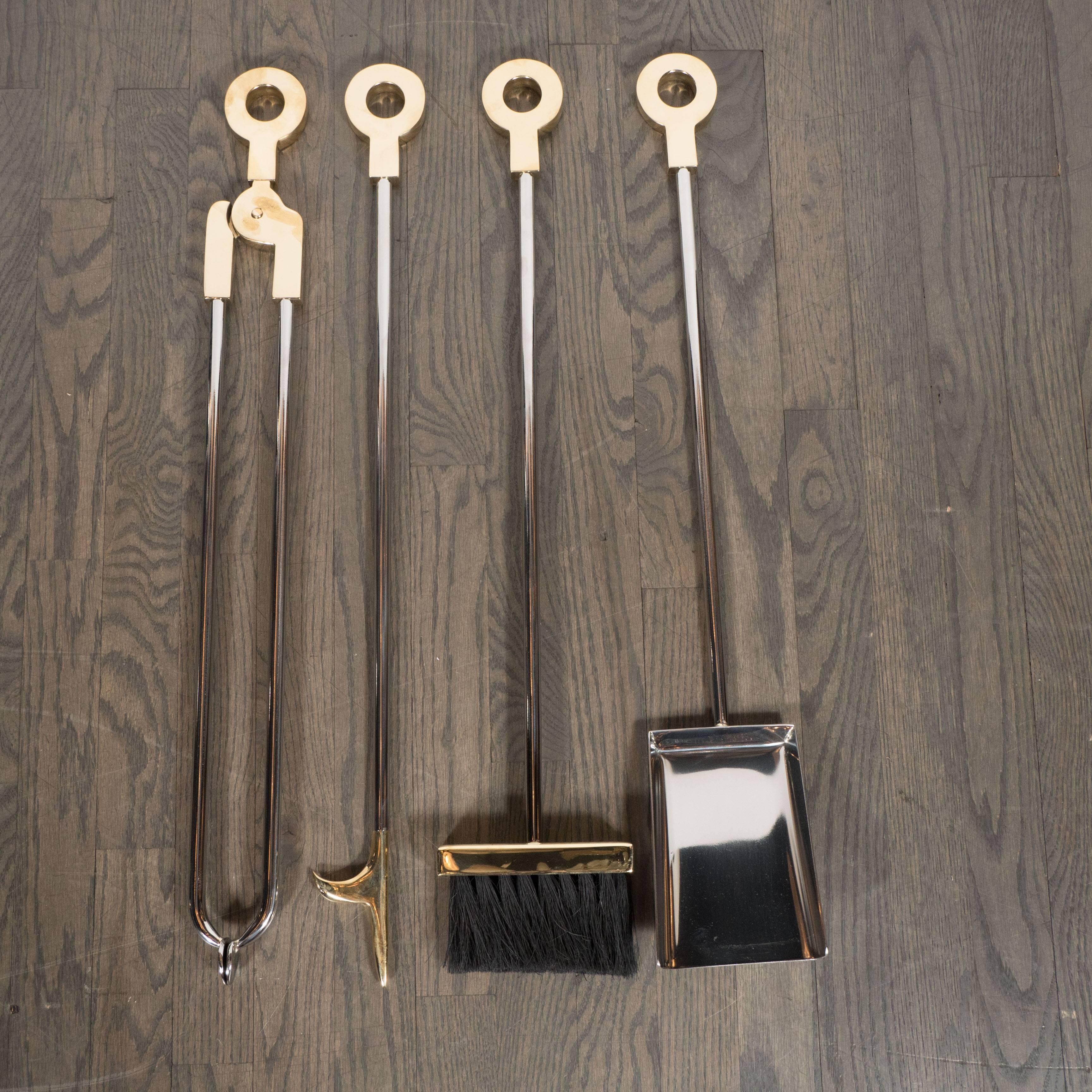 Modernist Four-Piece Polished Nickel Fire Tool Set with Polished Brass Handles For Sale 3