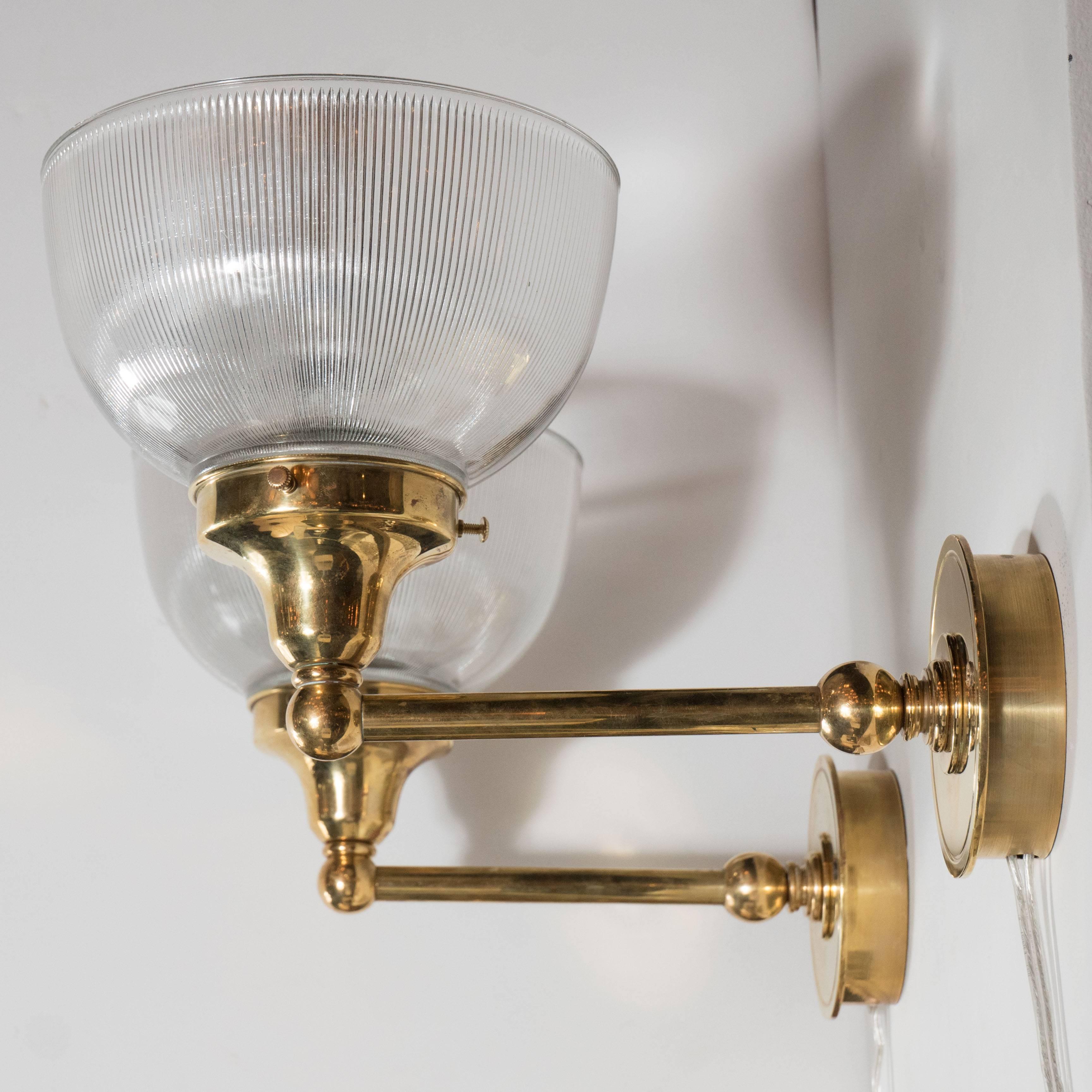 Set of Four American Classical Brass and Halophane Glass Sconces In Excellent Condition For Sale In New York, NY