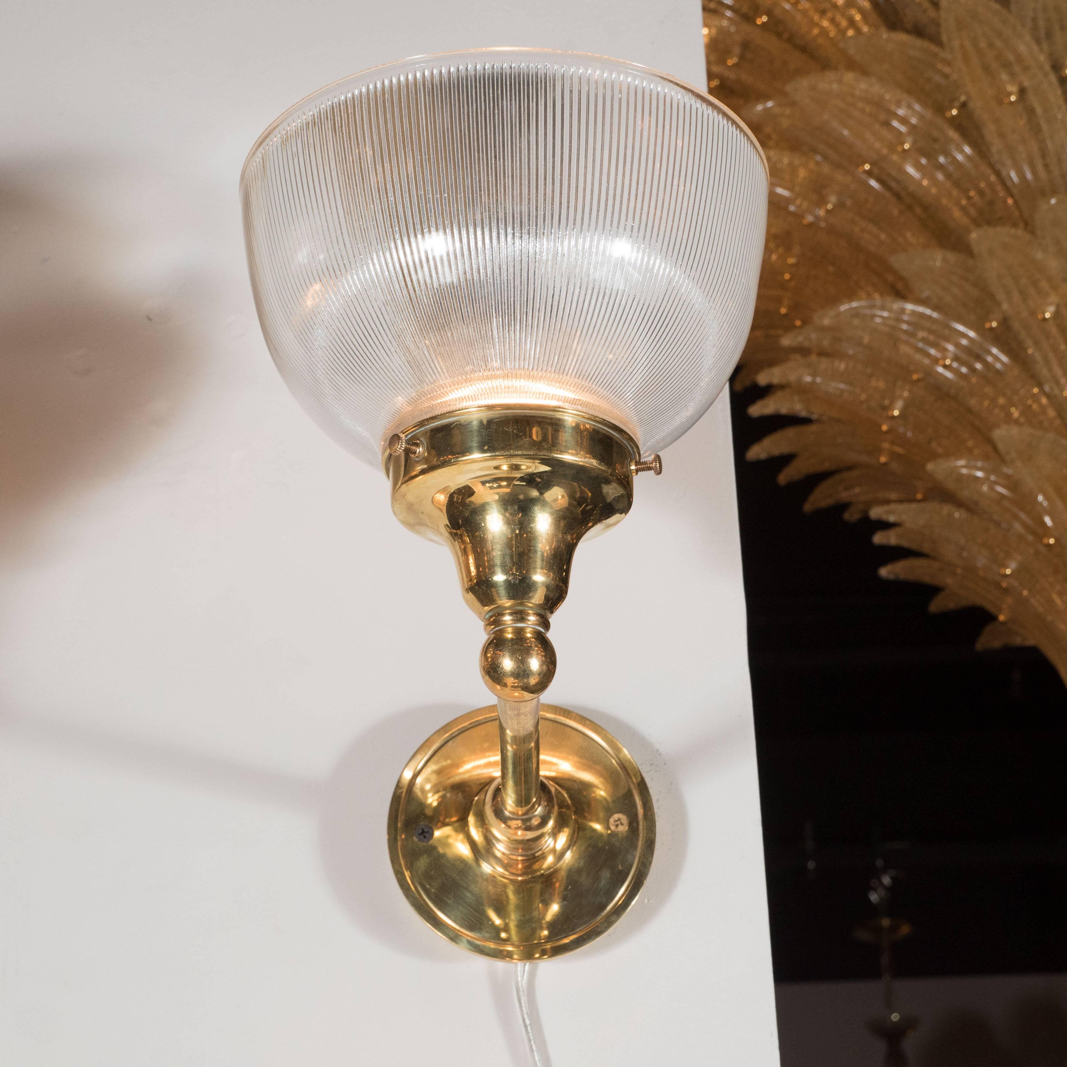 20th Century Set of Four American Classical Brass and Halophane Glass Sconces For Sale
