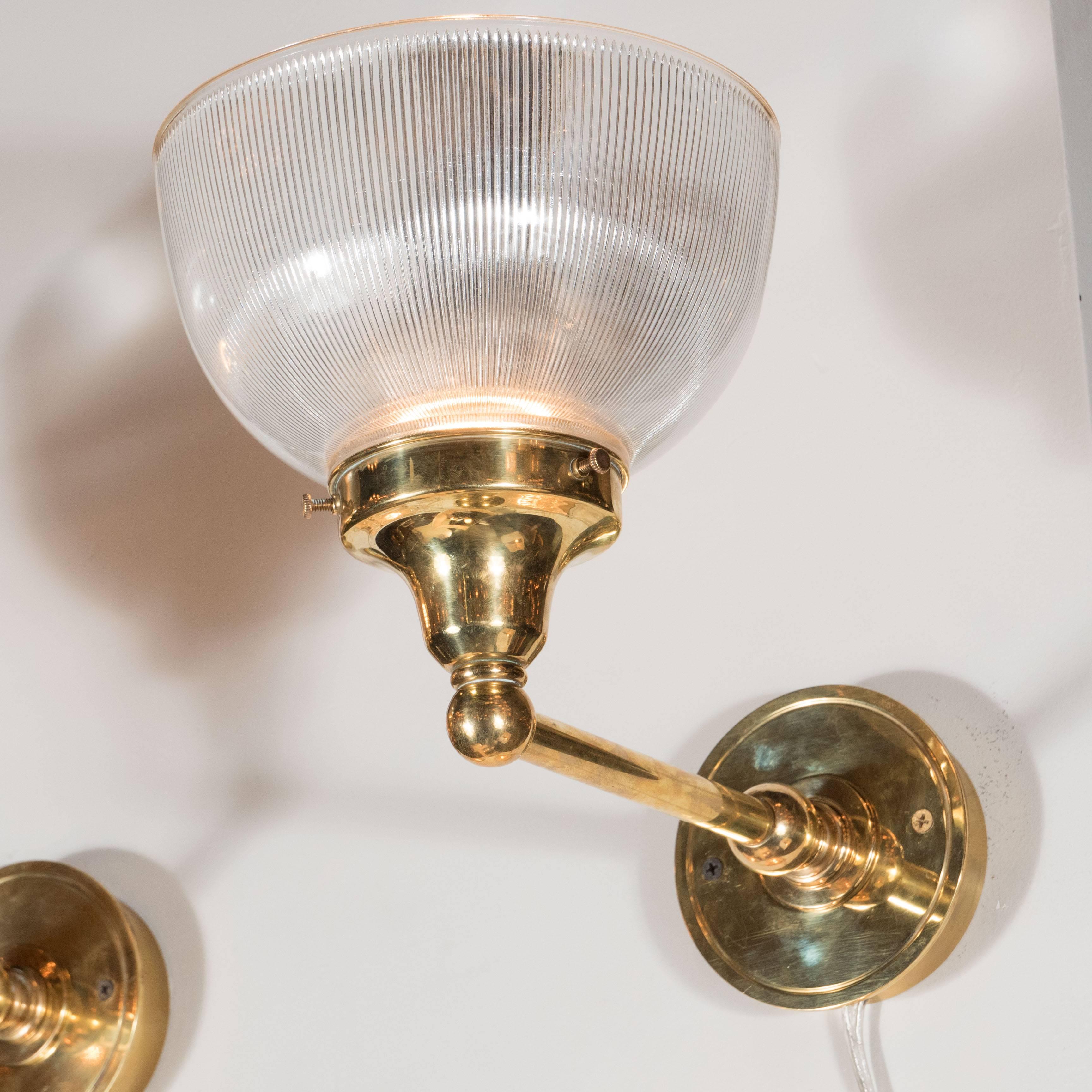 Set of Four American Classical Brass and Halophane Glass Sconces For Sale 2