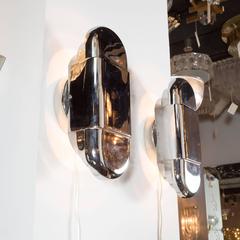 Pair of Art Deco Skyscraper Style Three-Tier Pill Form Nickeled Sconces