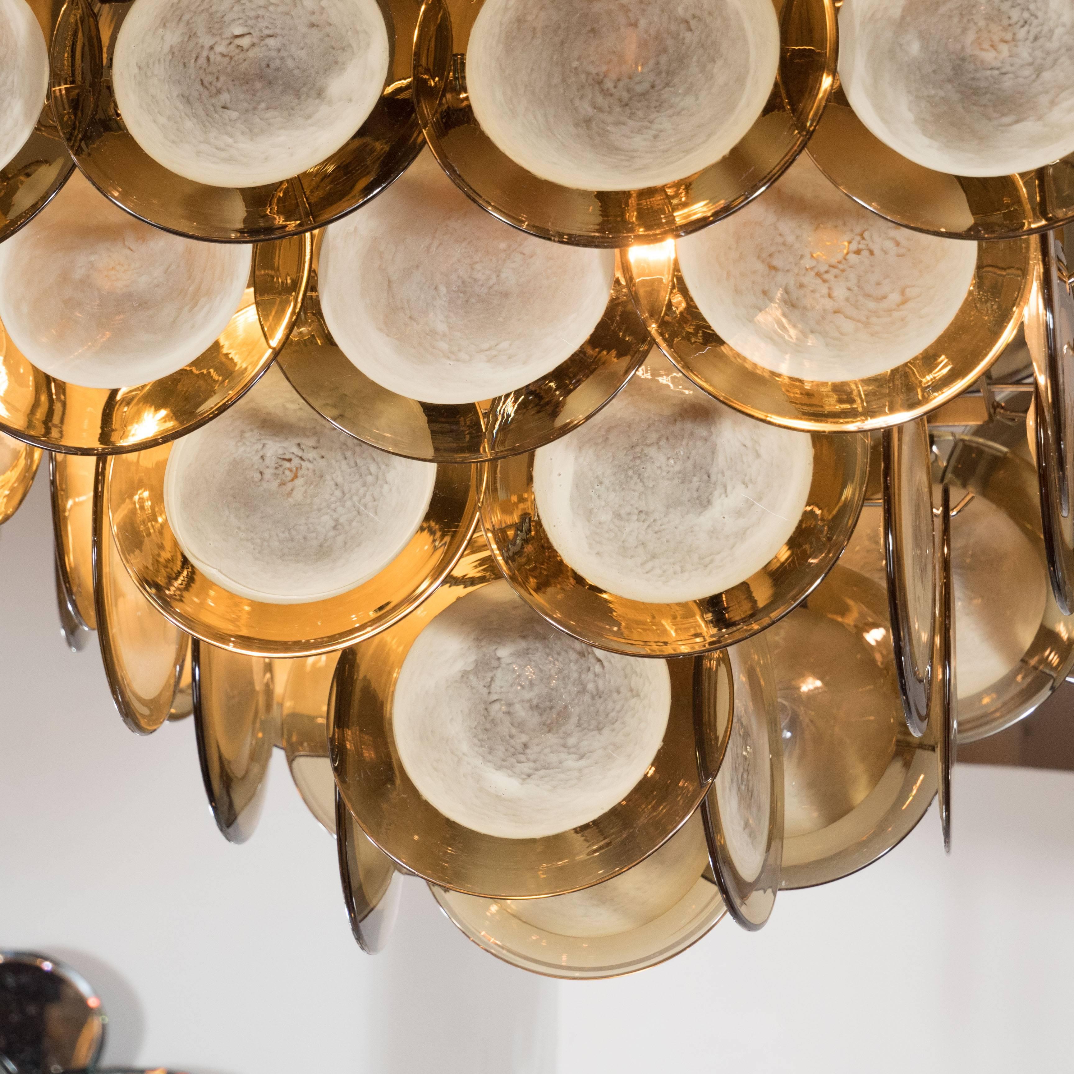 Modernist Pagoda-Style Diamond Shape Chandelier with Smoked Topaz Discs In Excellent Condition For Sale In New York, NY