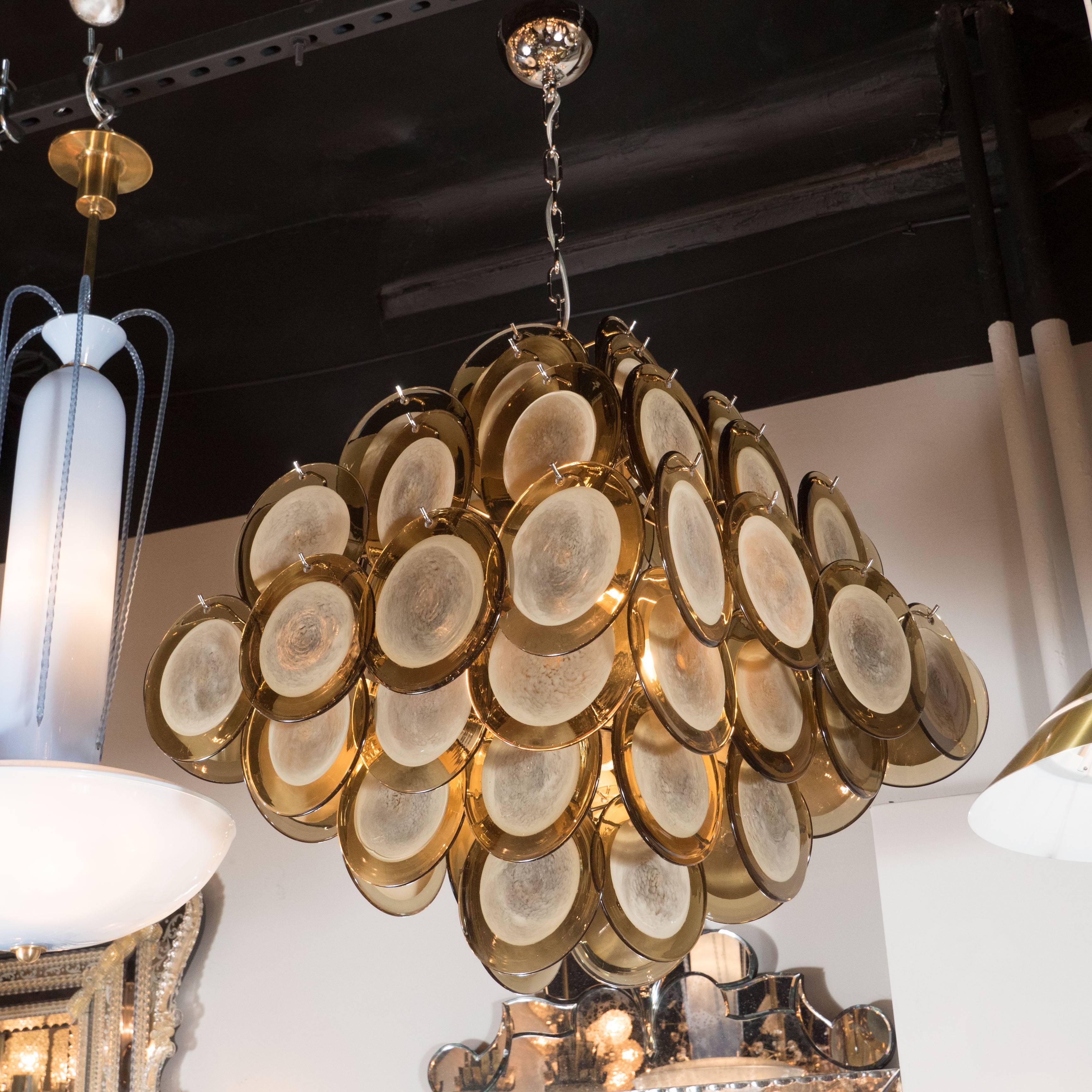 Modernist Pagoda-Style diamond shape chandelier with smoked topaz disks, Italy, 21st century. This exceptional and impressive chandelier by Vistosi displays 62 Murano glass discs suspended in a diamond formation. Each disc is handblown Murano glass