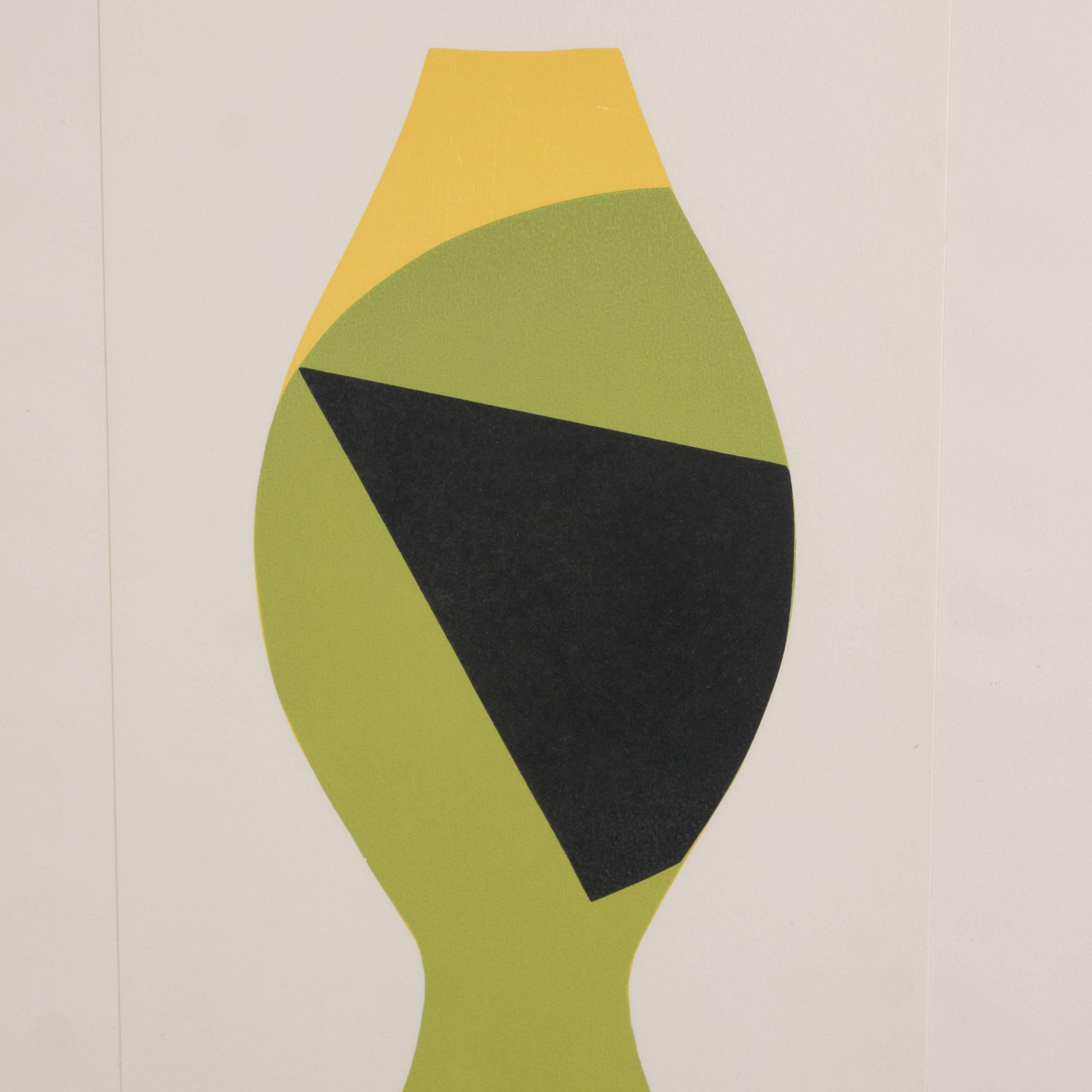 Hans Arp Poupee sans Tete (A.243),
1964.
Signed in pencil and numbered 23/100.
Woodcut printed in colors.

Depicting an abstract head of a doll in a cubist color combination of yellow, green and black.
Framed in a gallery style walnut frame