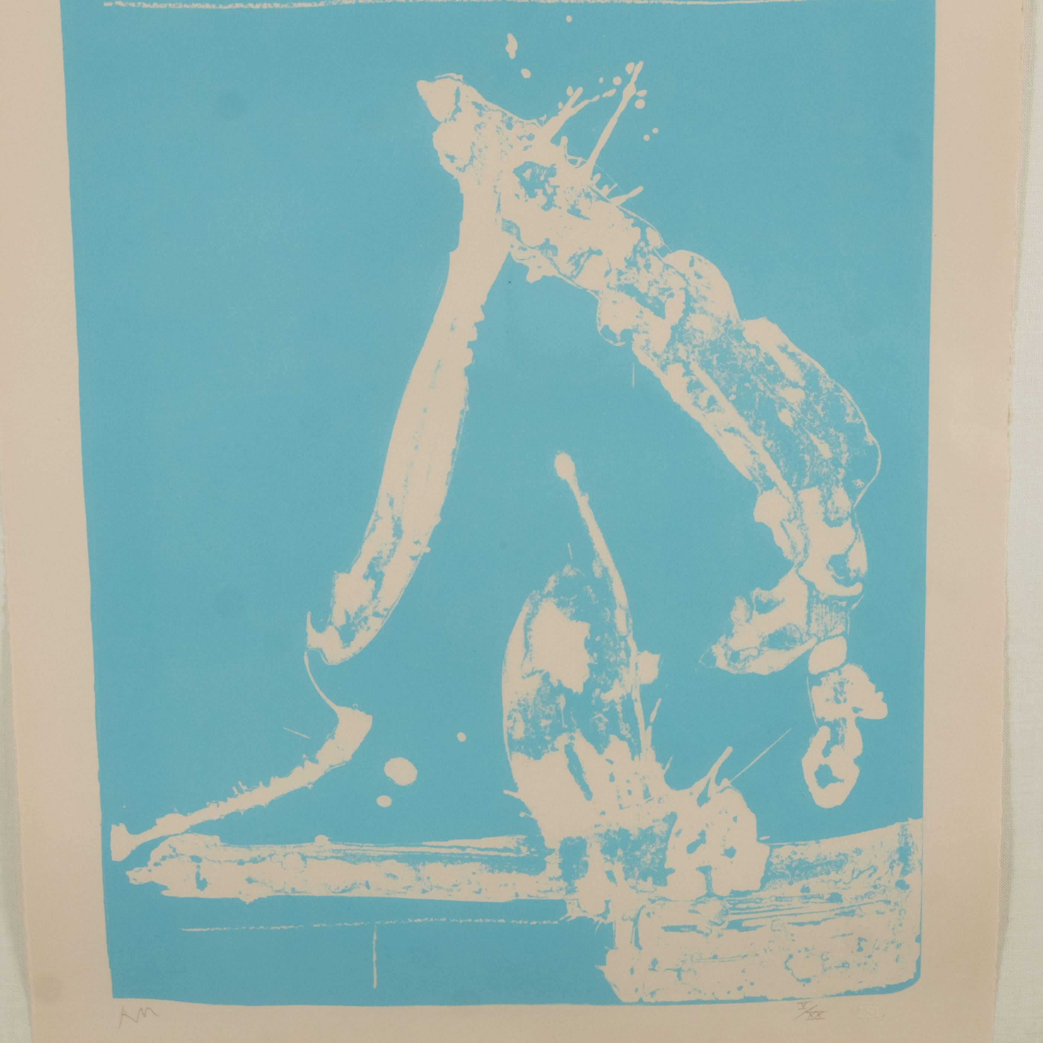 Mid-20th Century Signed Lithograph by Robert Motherwell Untitled Abstract Pale Blue on White