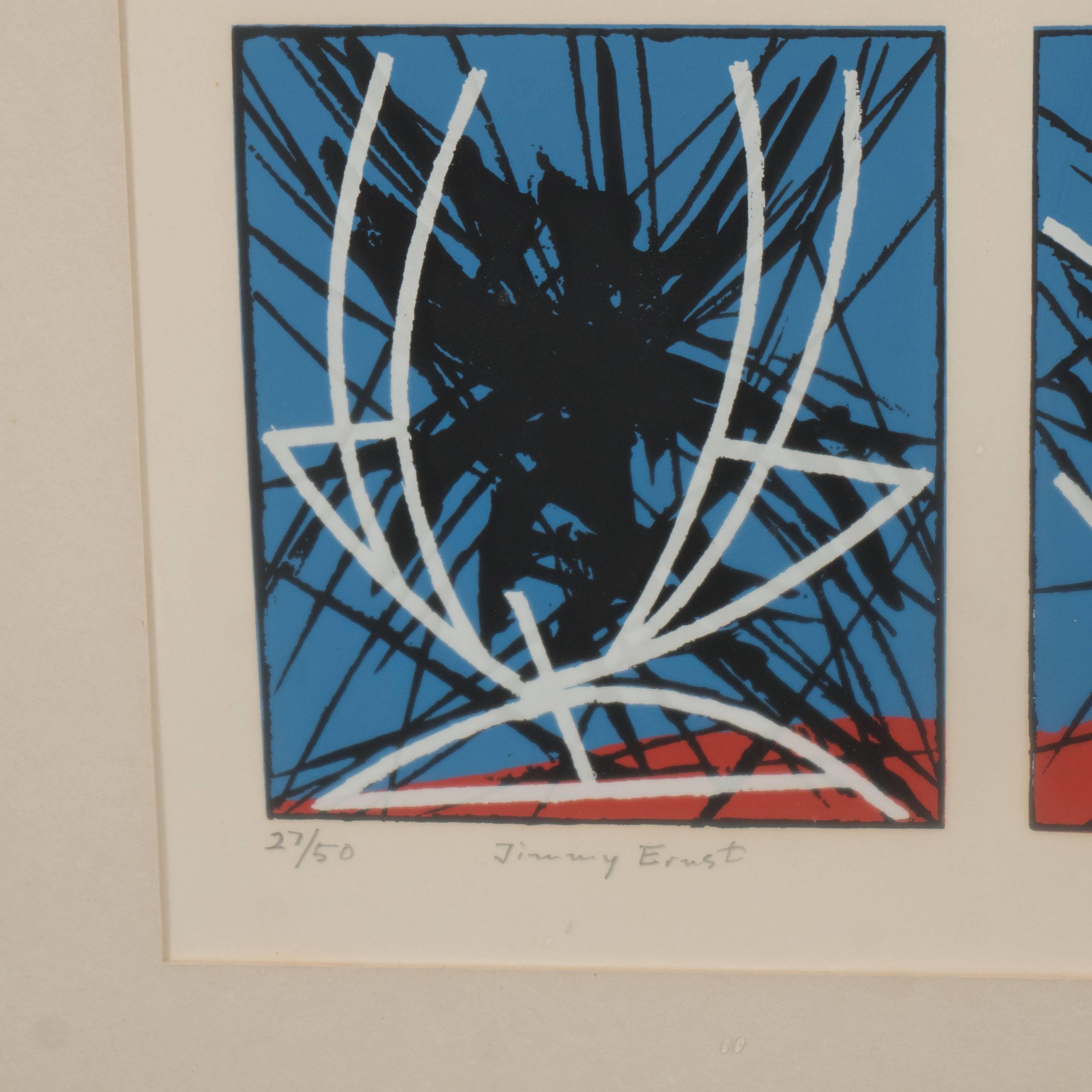 This striking Mid Century Modern screen print was realized by the esteemed artist Jimmy Ernst in 1969. It features sixteen rectangular blocks with red and blue backgrounds with highly gestural black markings decorating the centers overlaid by