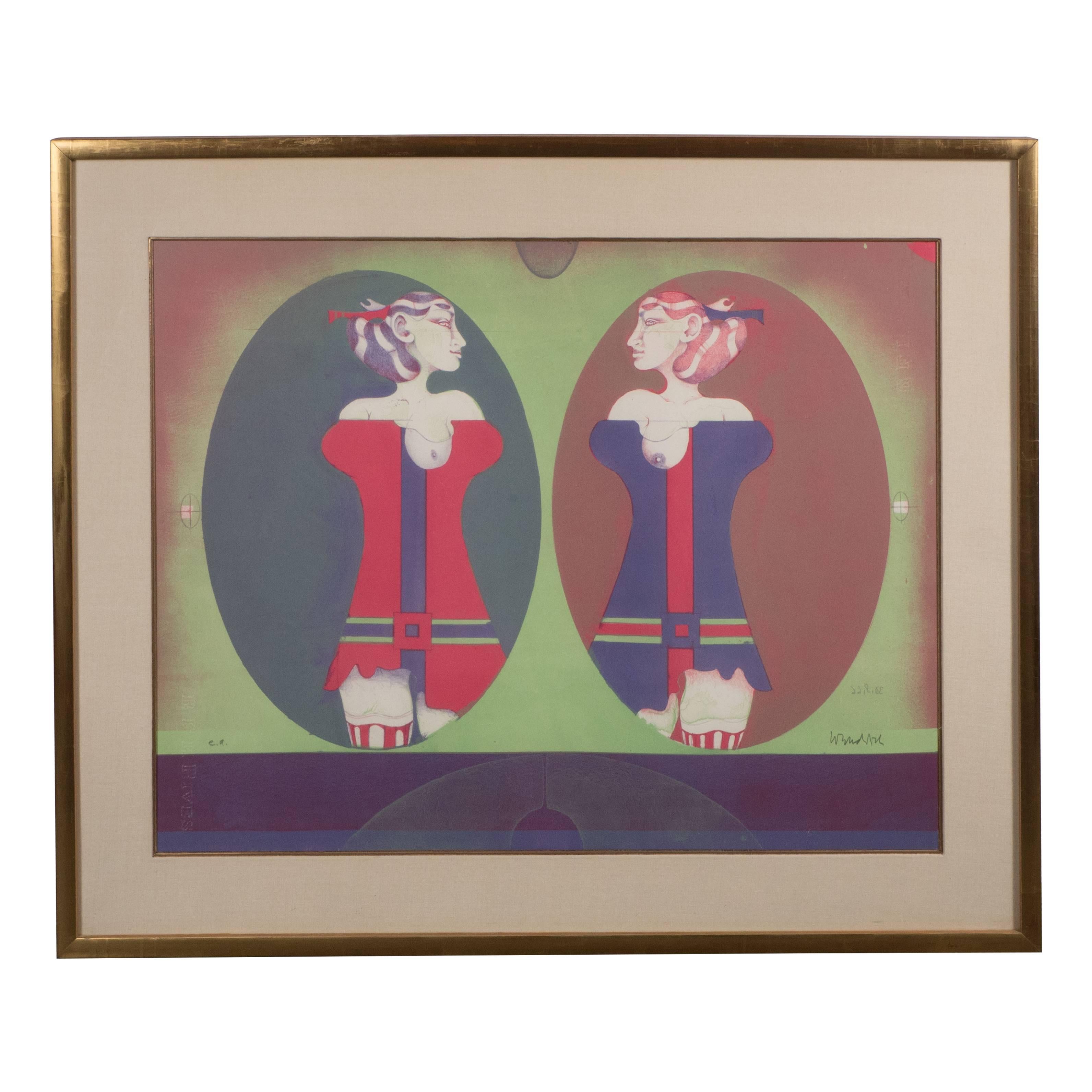 Lithographie allemande du milieu du siècle dernier de Paul Wunderlich, Les Soeurs