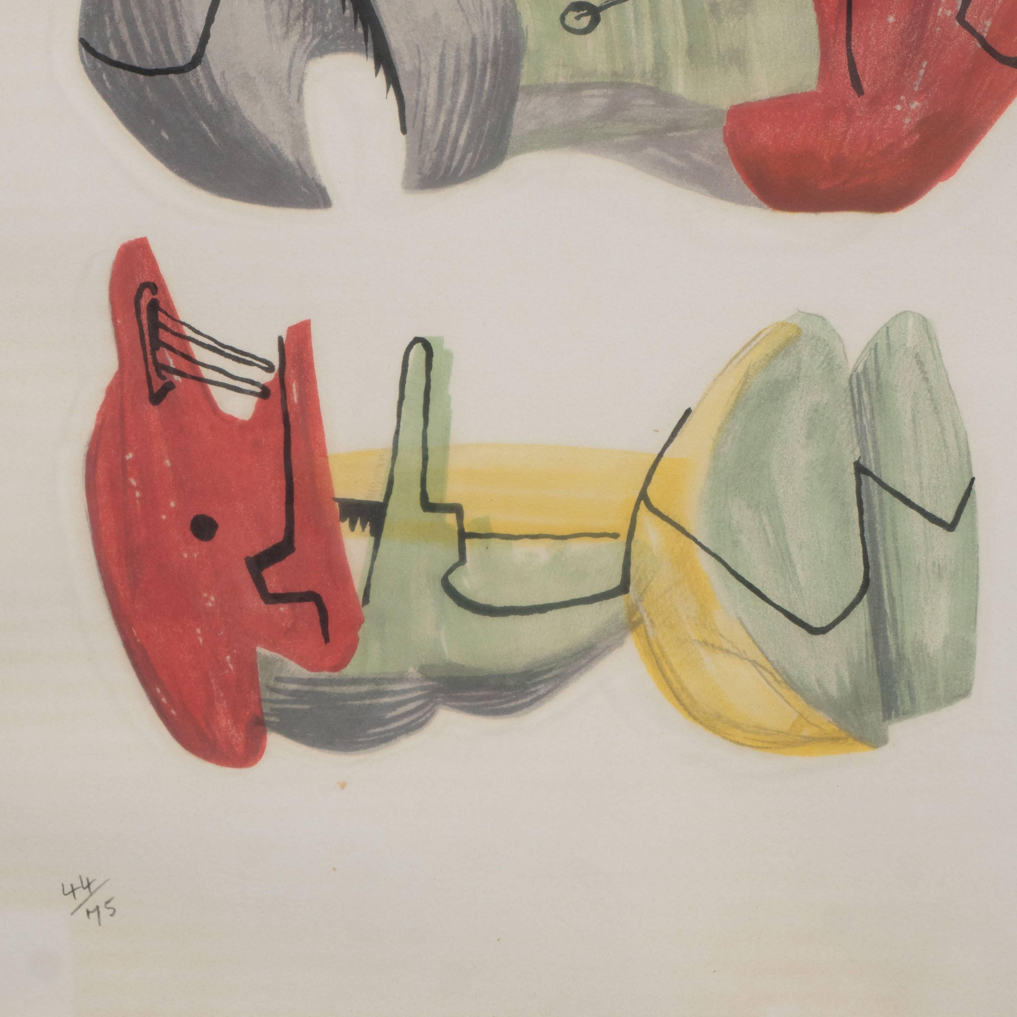 Mid-Century modernist British Henry Spencer Moore (1898 – 1986) six reclining figures lithograph
six reclining figures (C. 48).
Lithograph printed in colors.
Signed in pencil and numbered 44/75.
Measures: 22 1/4" x 26 ¾.
Frames in a custom