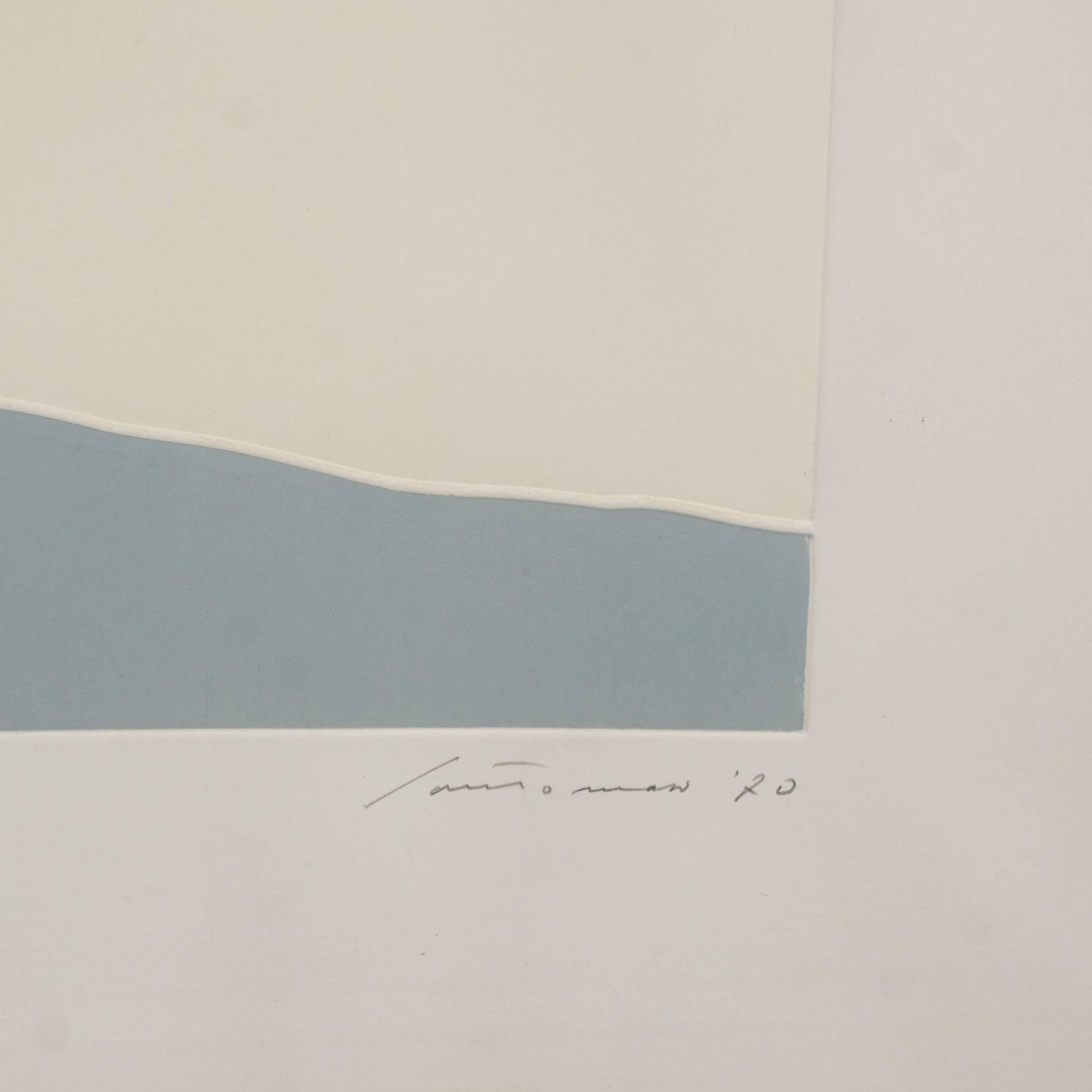 Modern minimalist print by an unknown artist, untitled, dated 1970.
Printed with two color fields, one, a diagonal of deep, navy blue and the other, a dove grey horizontal tapering bar or band. In a wood frame, partially painted in grey.
