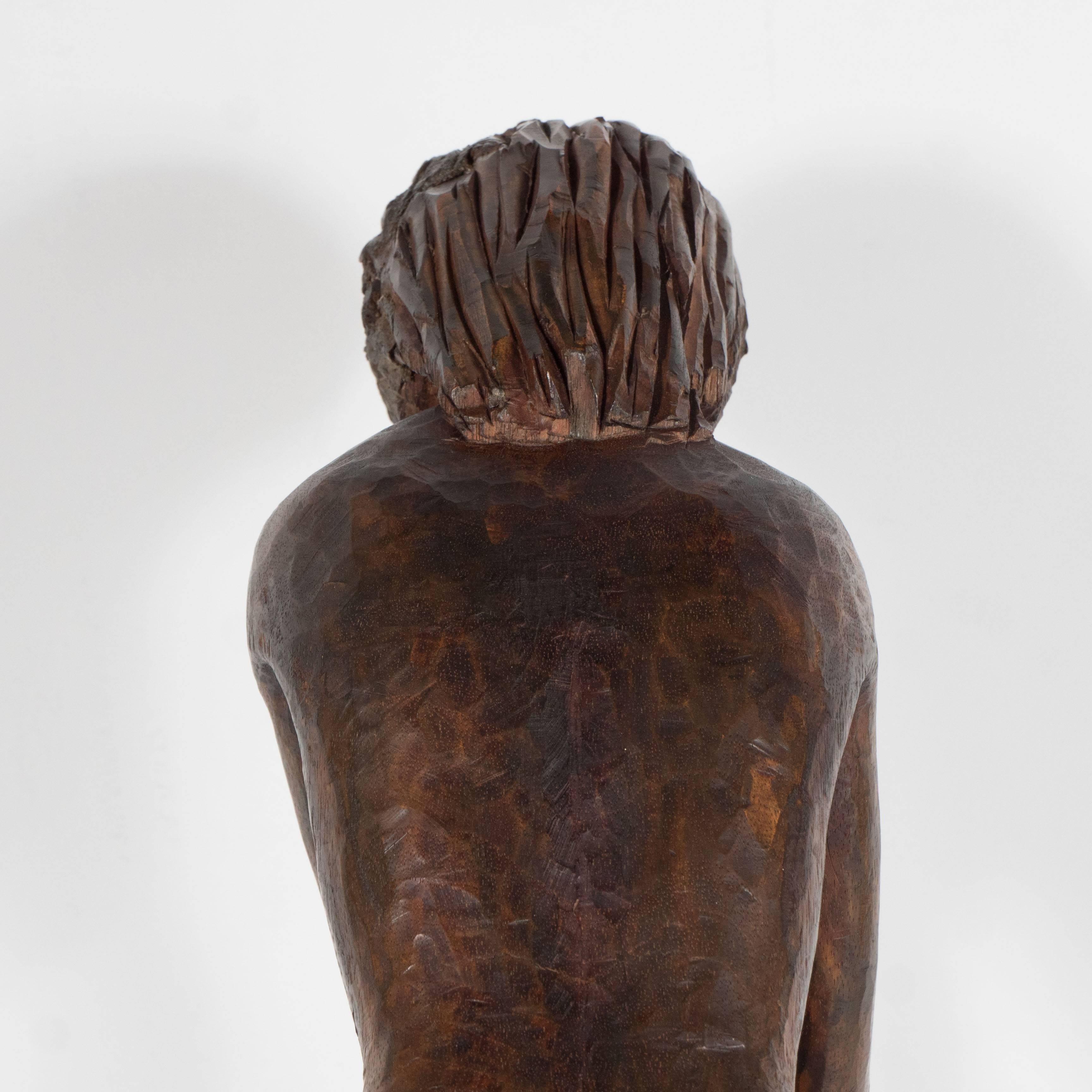 Modern Hand-Carved Wood Contemplative Seated Nude Sculpture by Aldo Calo For Sale