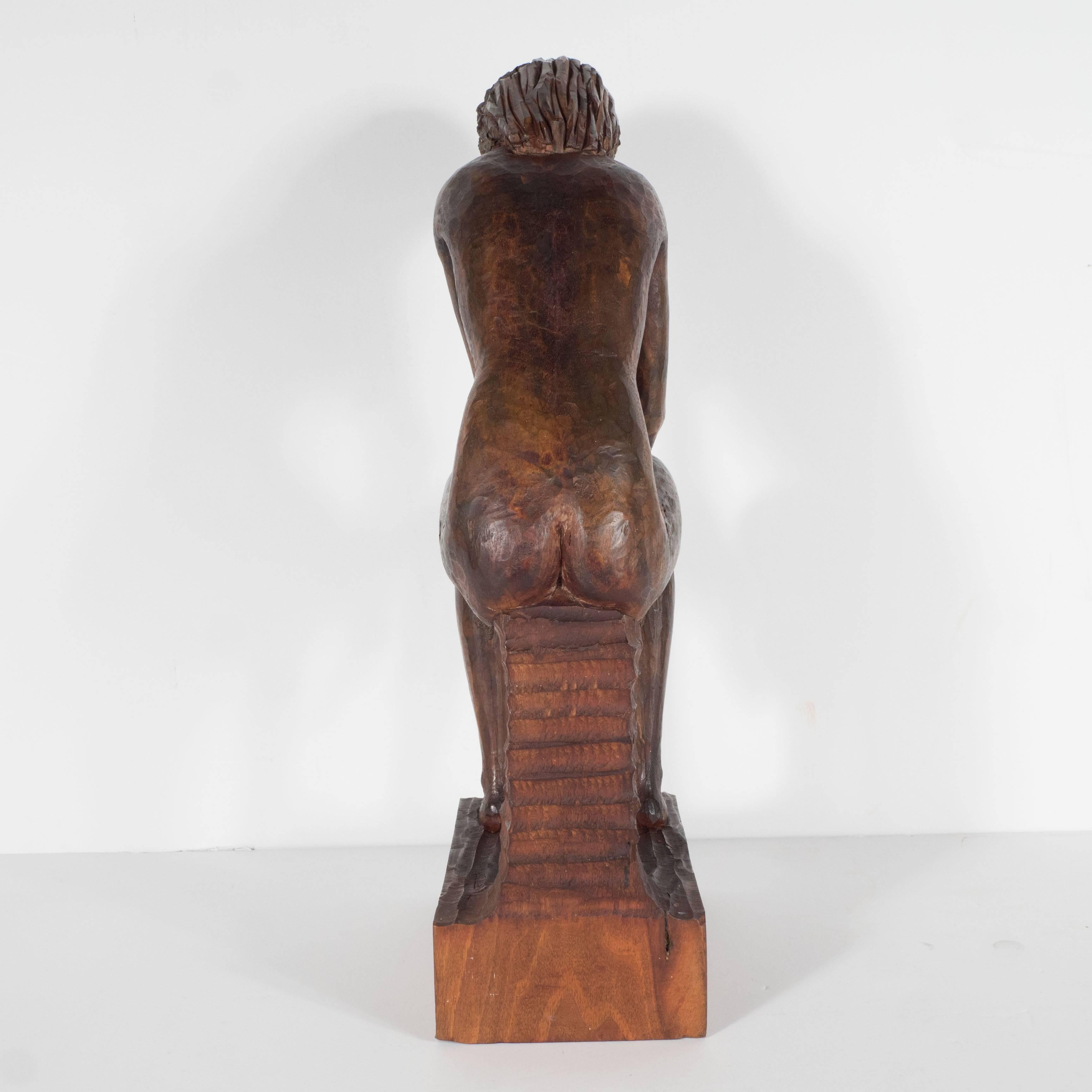 American Hand-Carved Wood Contemplative Seated Nude Sculpture by Aldo Calo For Sale