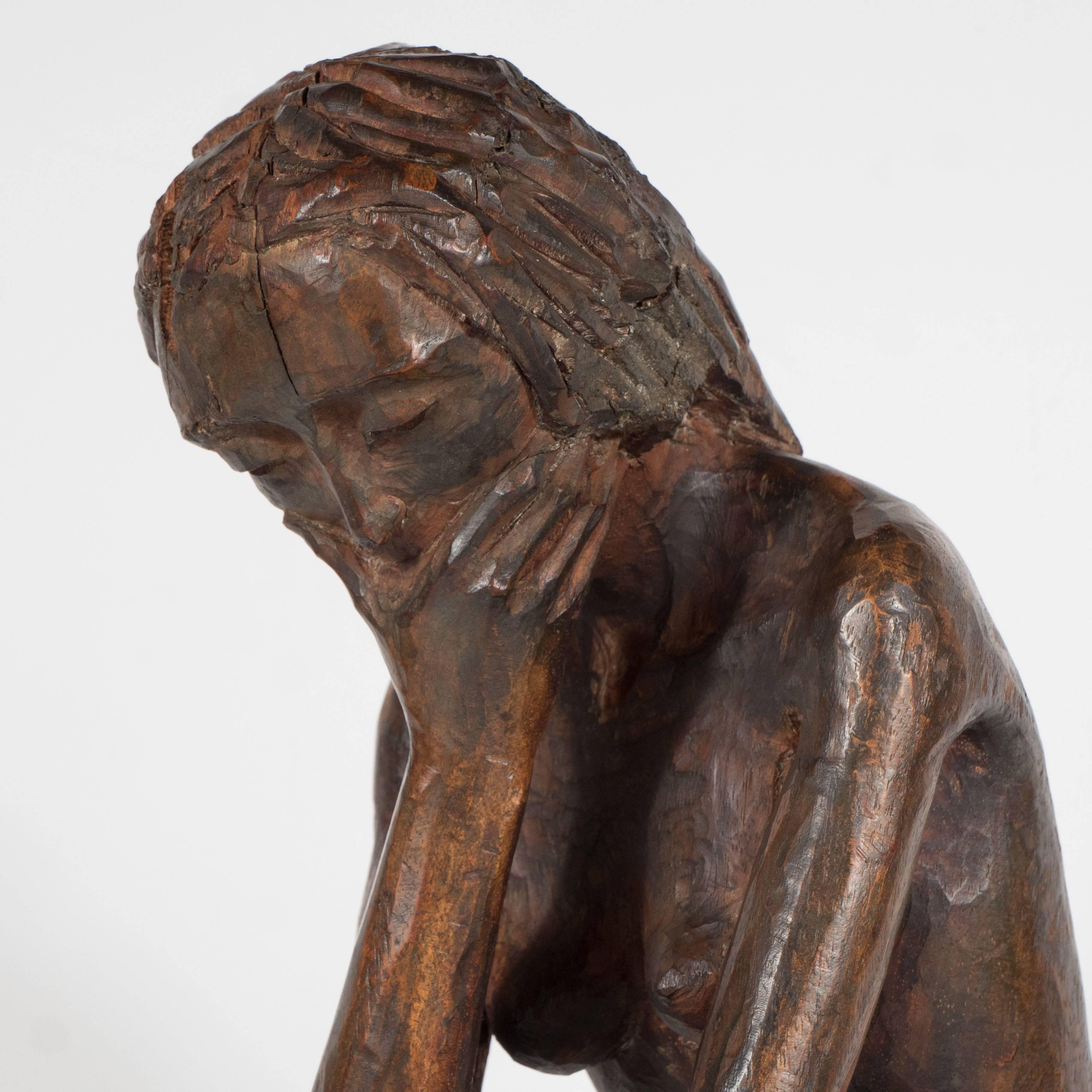 Mid-20th Century Hand-Carved Wood Contemplative Seated Nude Sculpture by Aldo Calo