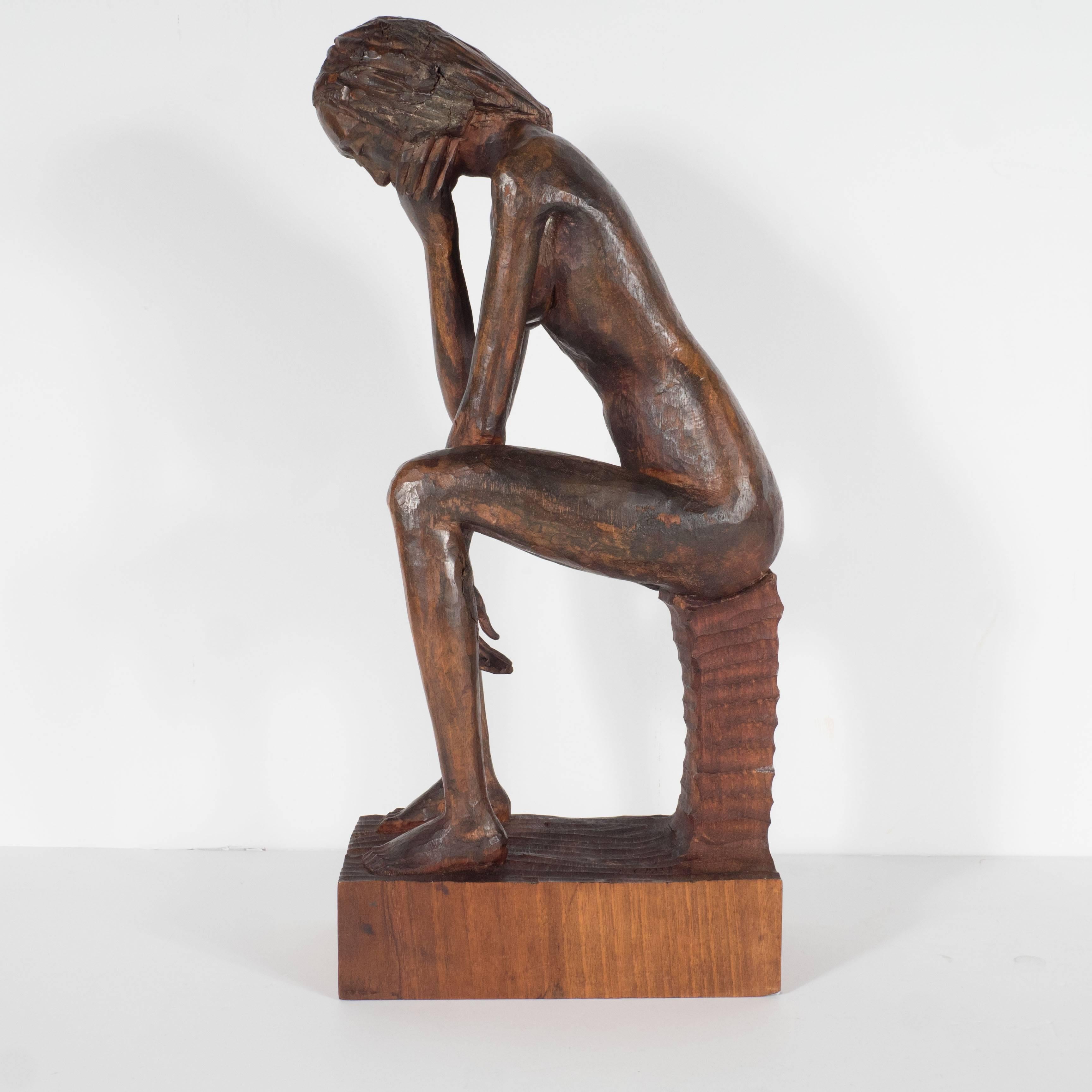 Hand-Carved Wood Contemplative Seated Nude Sculpture by Aldo Calo In Good Condition For Sale In New York, NY