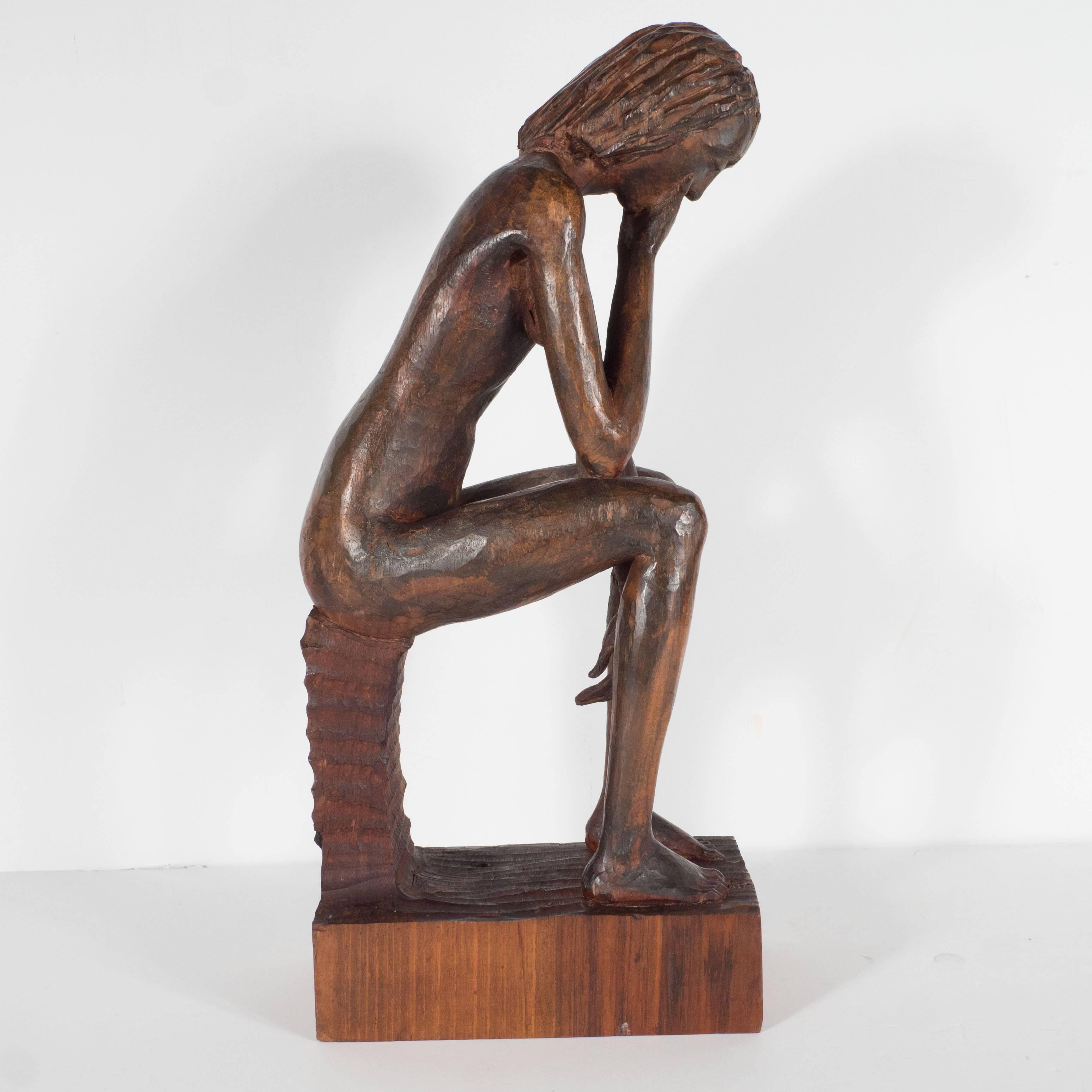 Hand-Carved Wood Contemplative Seated Nude Sculpture by Aldo Calo For Sale 1