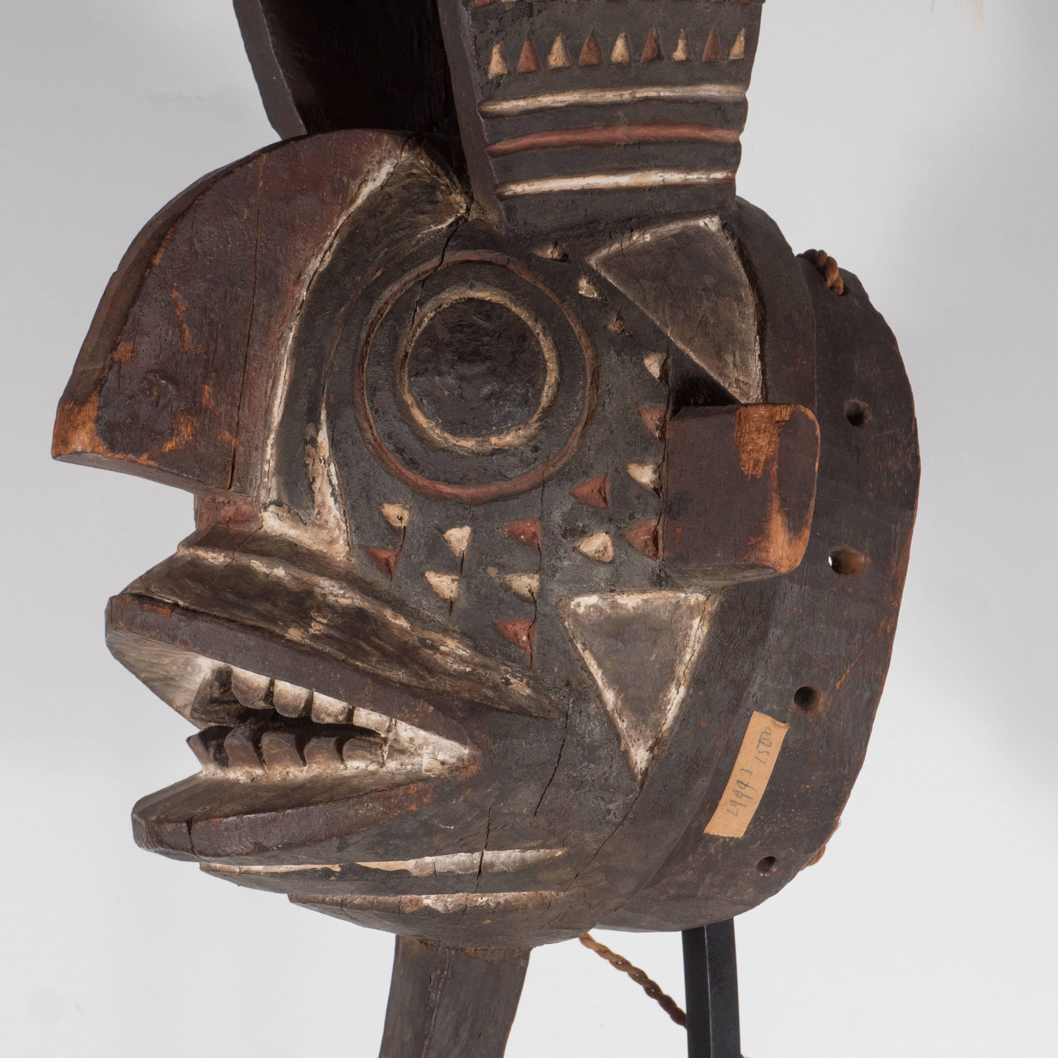 Carved 19th Century Bwa Mask Burkina Faso Mounted on Custom Black Enamel Stand