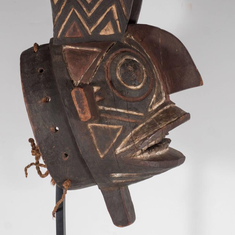19th Century Bwa Mask Burkina Faso Mounted on Custom Black Enamel Stand